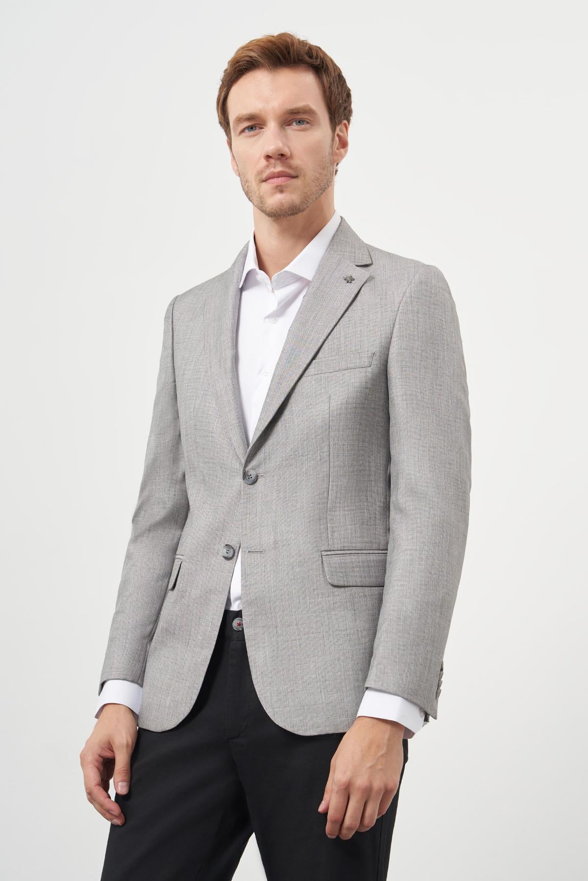 Morven Erkek Gri Poliviskon Slim Fit Mono Yaka Klasik Ceket