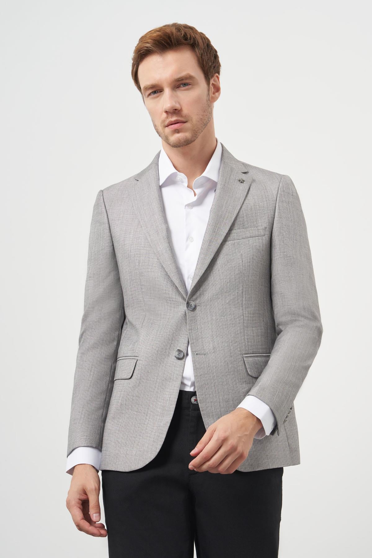 Morven Erkek Gri Poliviskon Slim Fit Mono Yaka Klasik Ceket