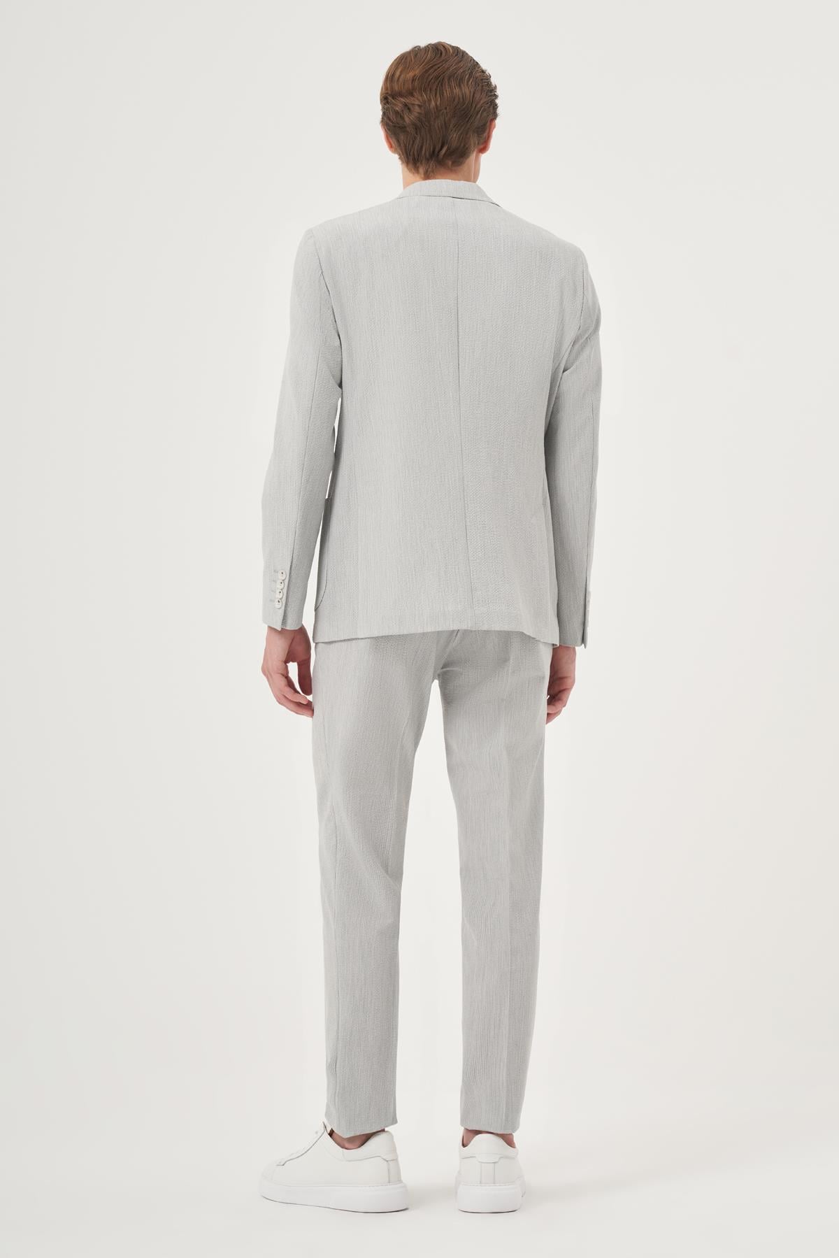 Morven Erkek Gri Poliviskon Trend Çizgili Slim Fit Mono Yaka Takım Elbise