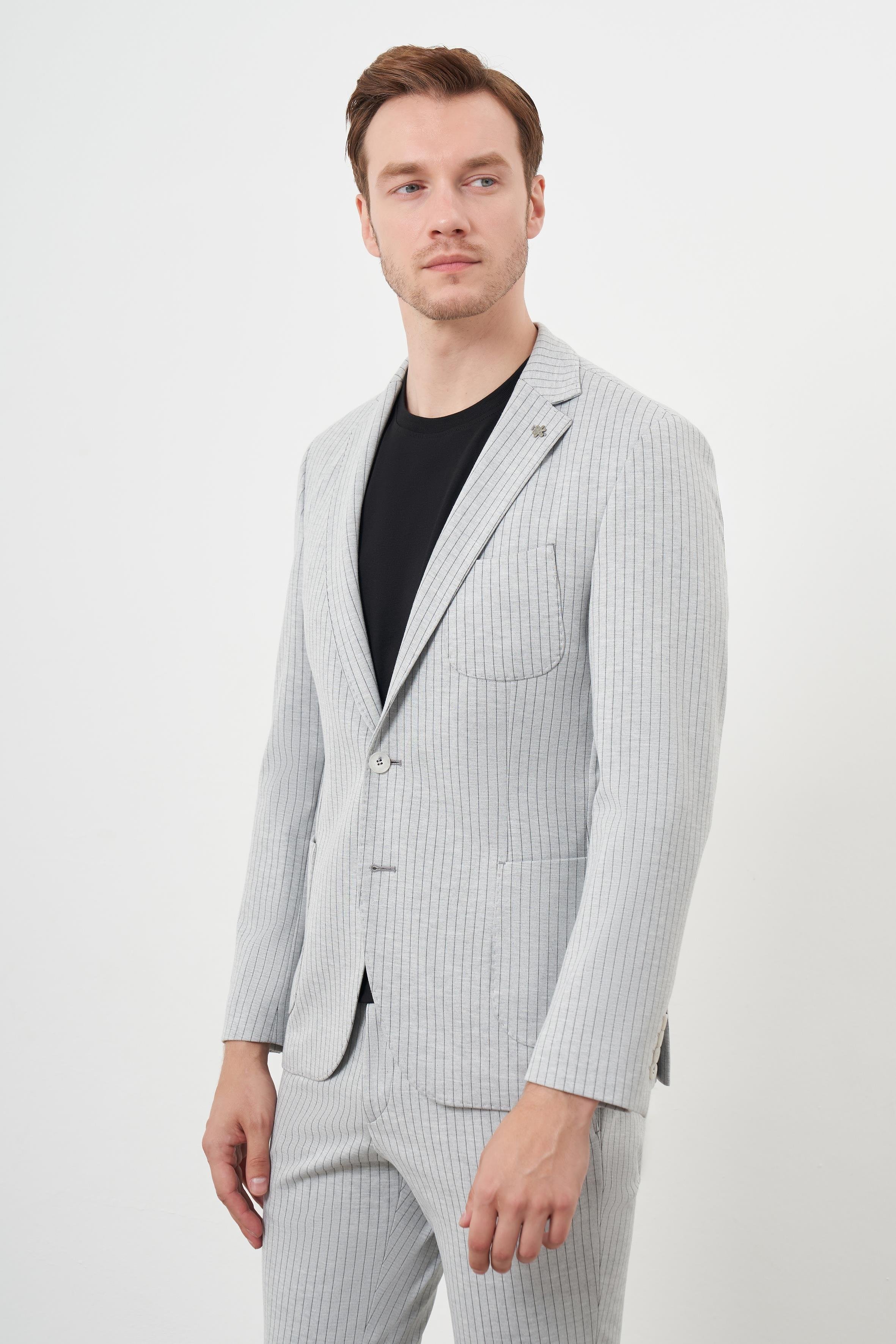 Morven Erkek Gri Poliviskon Trend Çizgili Desen Slim Fit Mono Yaka Takım Elbise