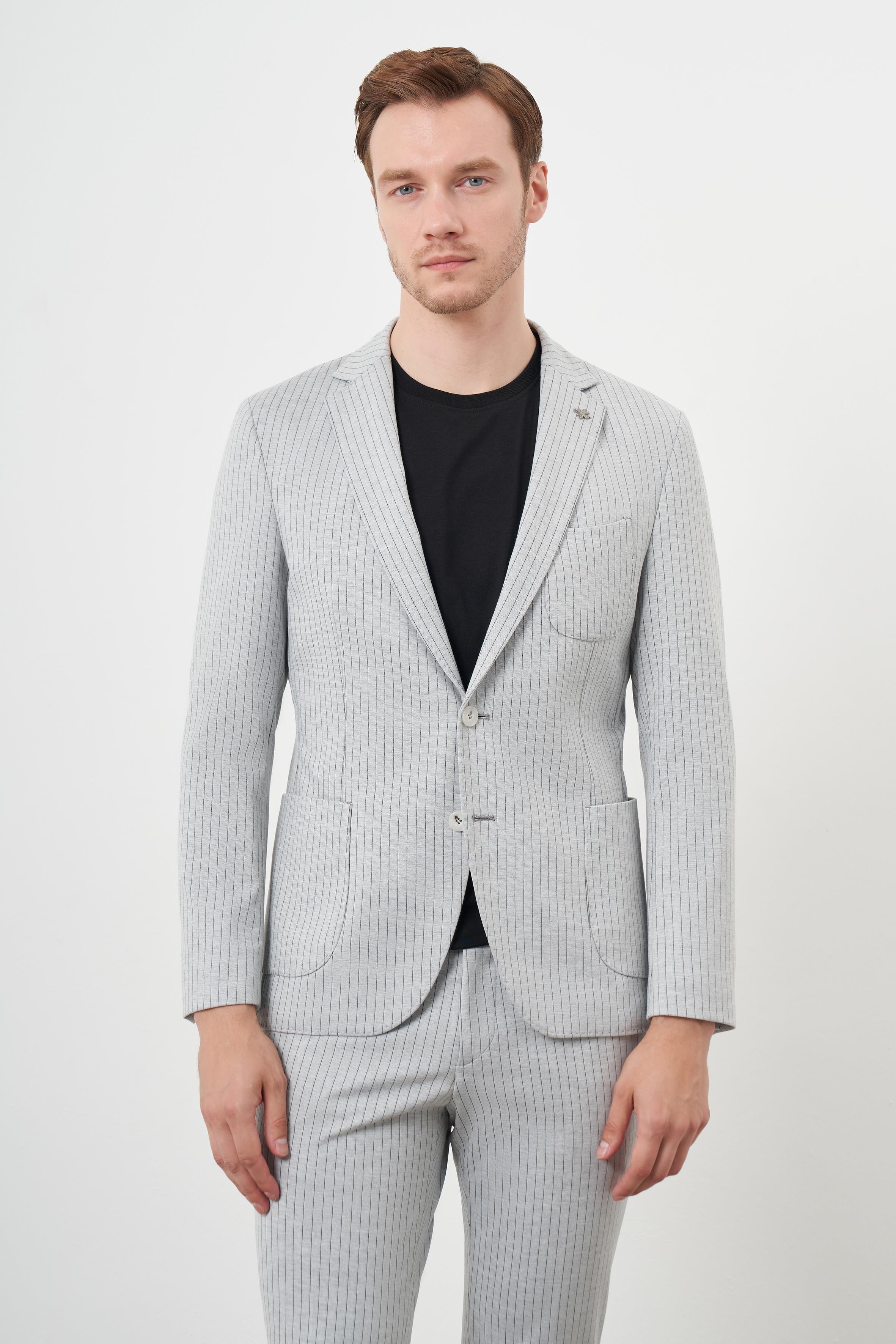 Morven Erkek Gri Poliviskon Trend Çizgili Desen Slim Fit Mono Yaka Takım Elbise