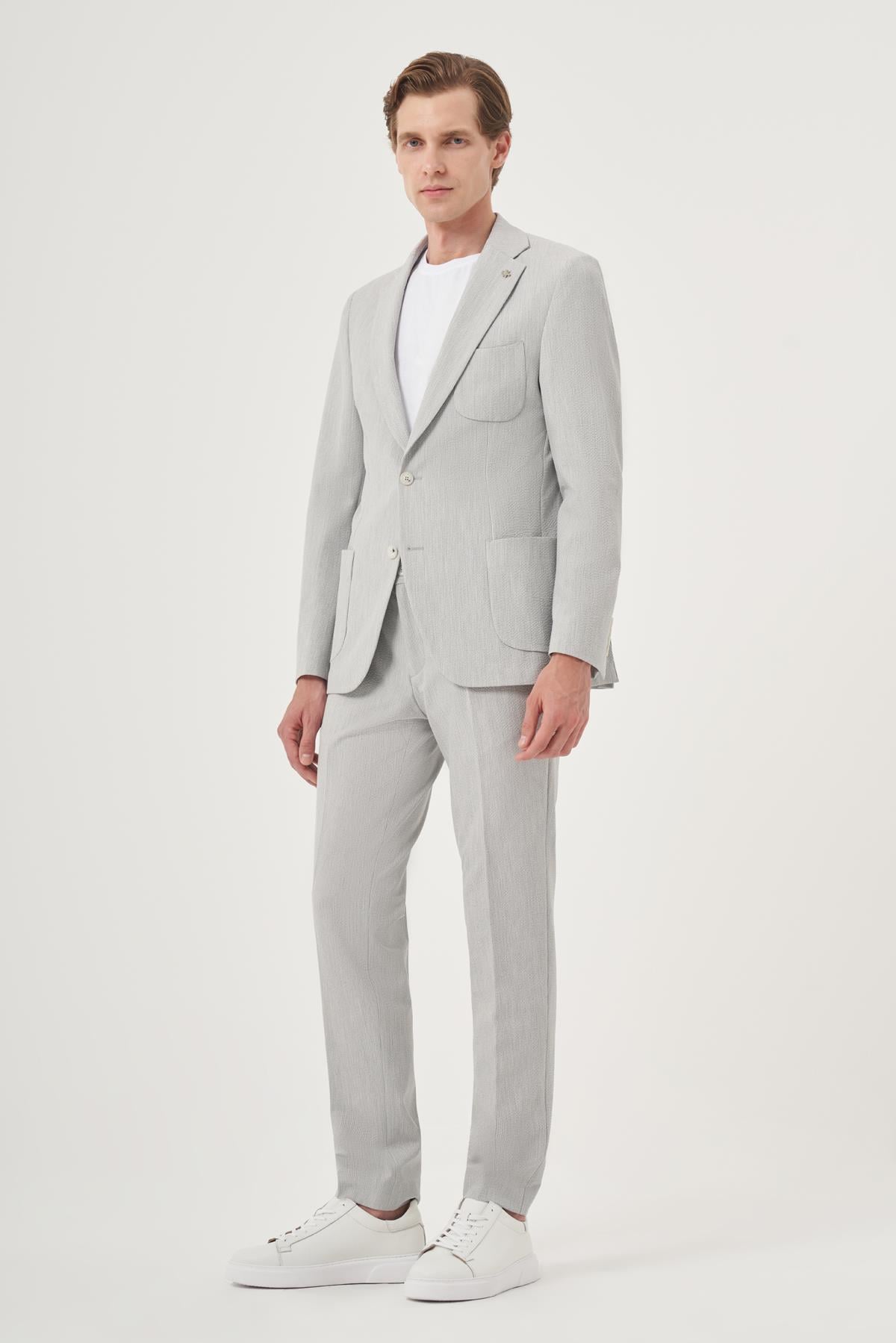 Morven Erkek Gri Poliviskon Trend Çizgili Slim Fit Mono Yaka Takım Elbise