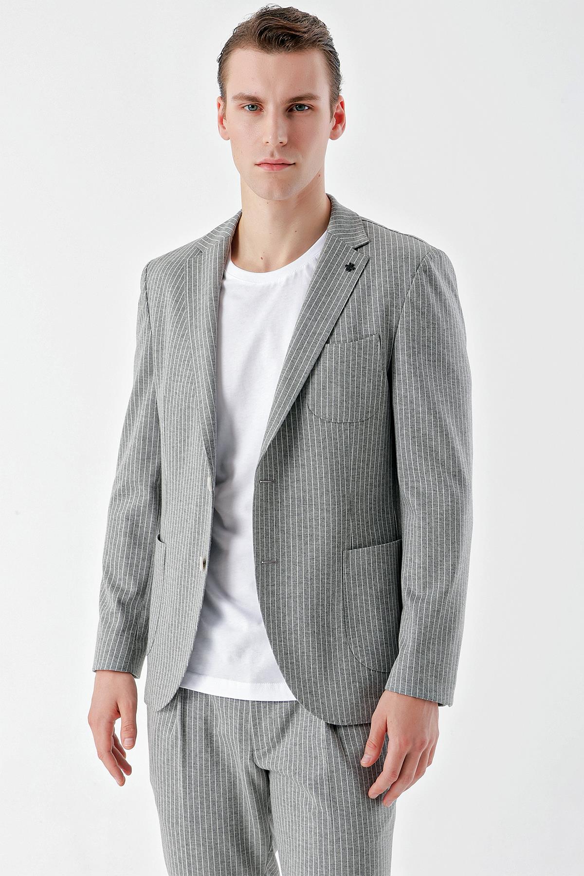 Morven Erkek Gri Poliviskon Trend Çizgili Desen Slim Fit Mono Yaka Takım Elbise