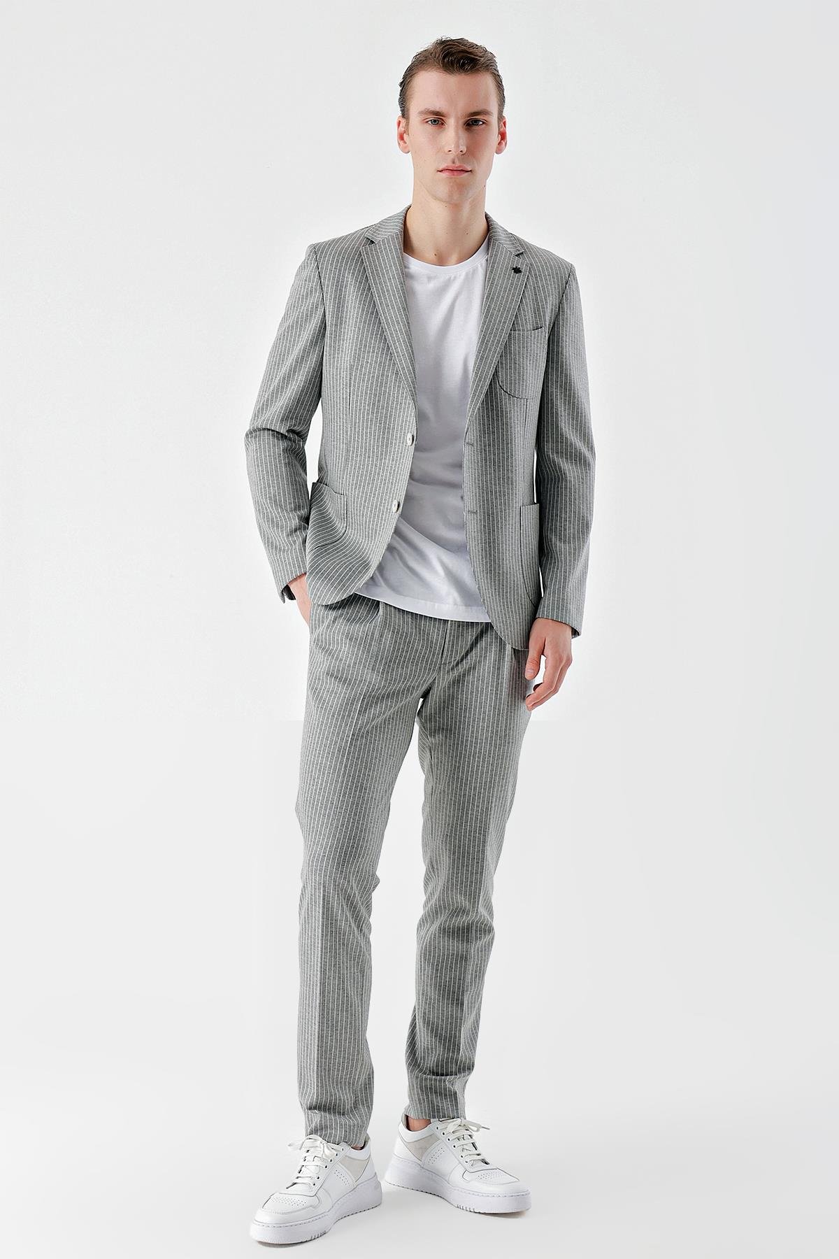 Morven Erkek Gri Poliviskon Trend Çizgili Desen Slim Fit Mono Yaka Takım Elbise