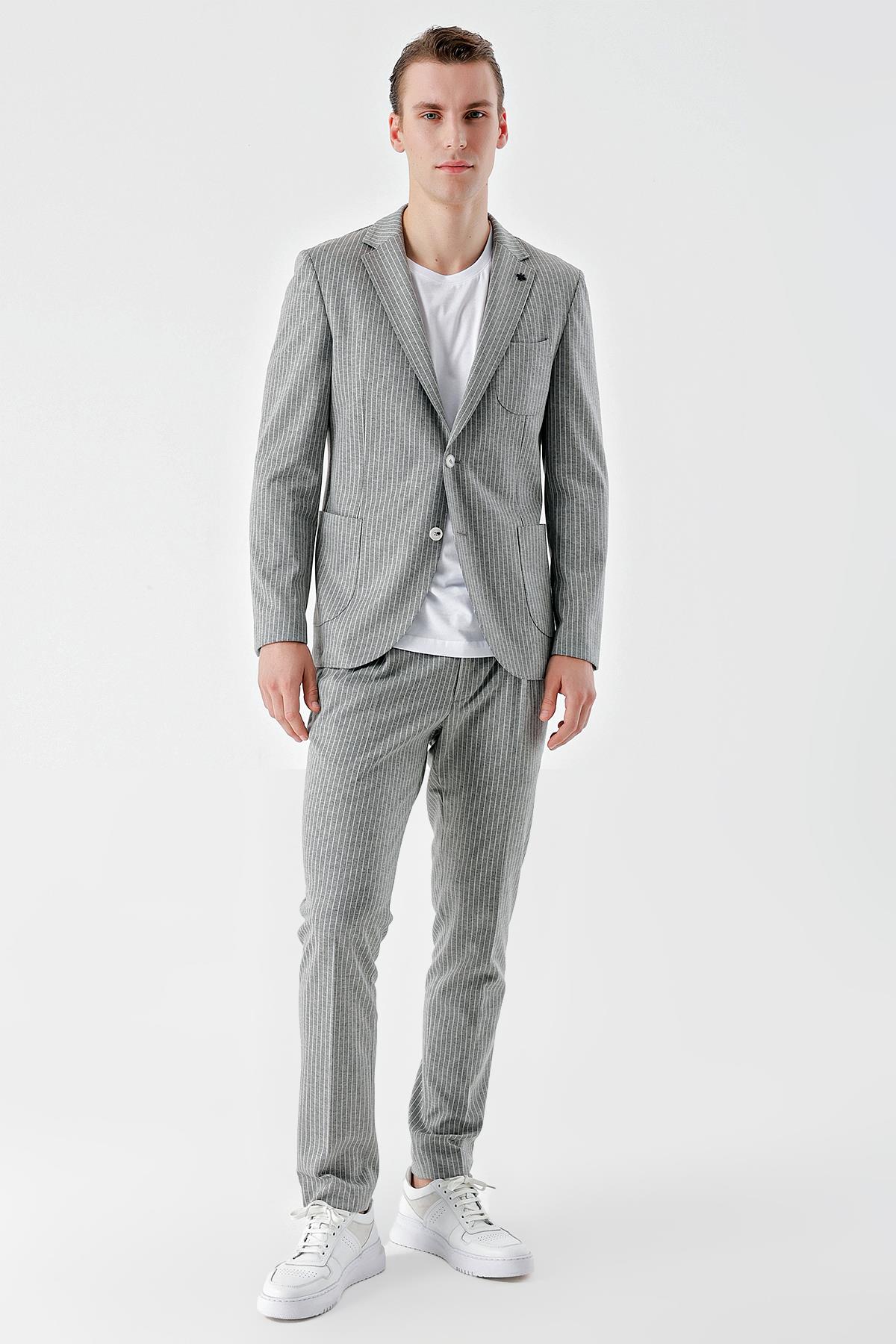 Morven Erkek Gri Poliviskon Trend Çizgili Desen Slim Fit Mono Yaka Takım Elbise