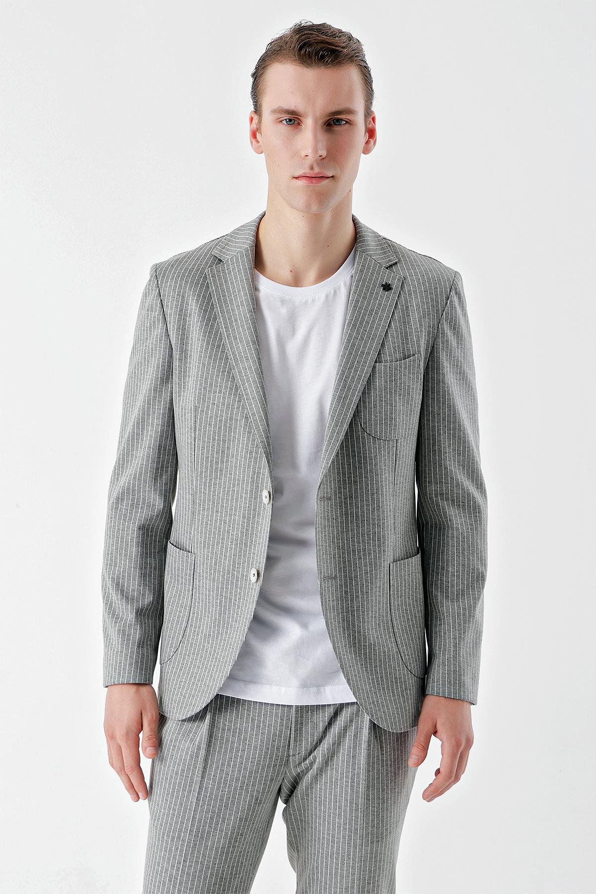 Morven Erkek Gri Poliviskon Trend Çizgili Desen Slim Fit Mono Yaka Takım Elbise