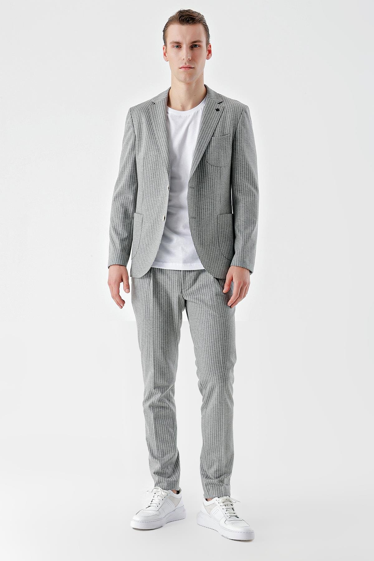 Morven Erkek Gri Poliviskon Trend Çizgili Desen Slim Fit Mono Yaka Takım Elbise