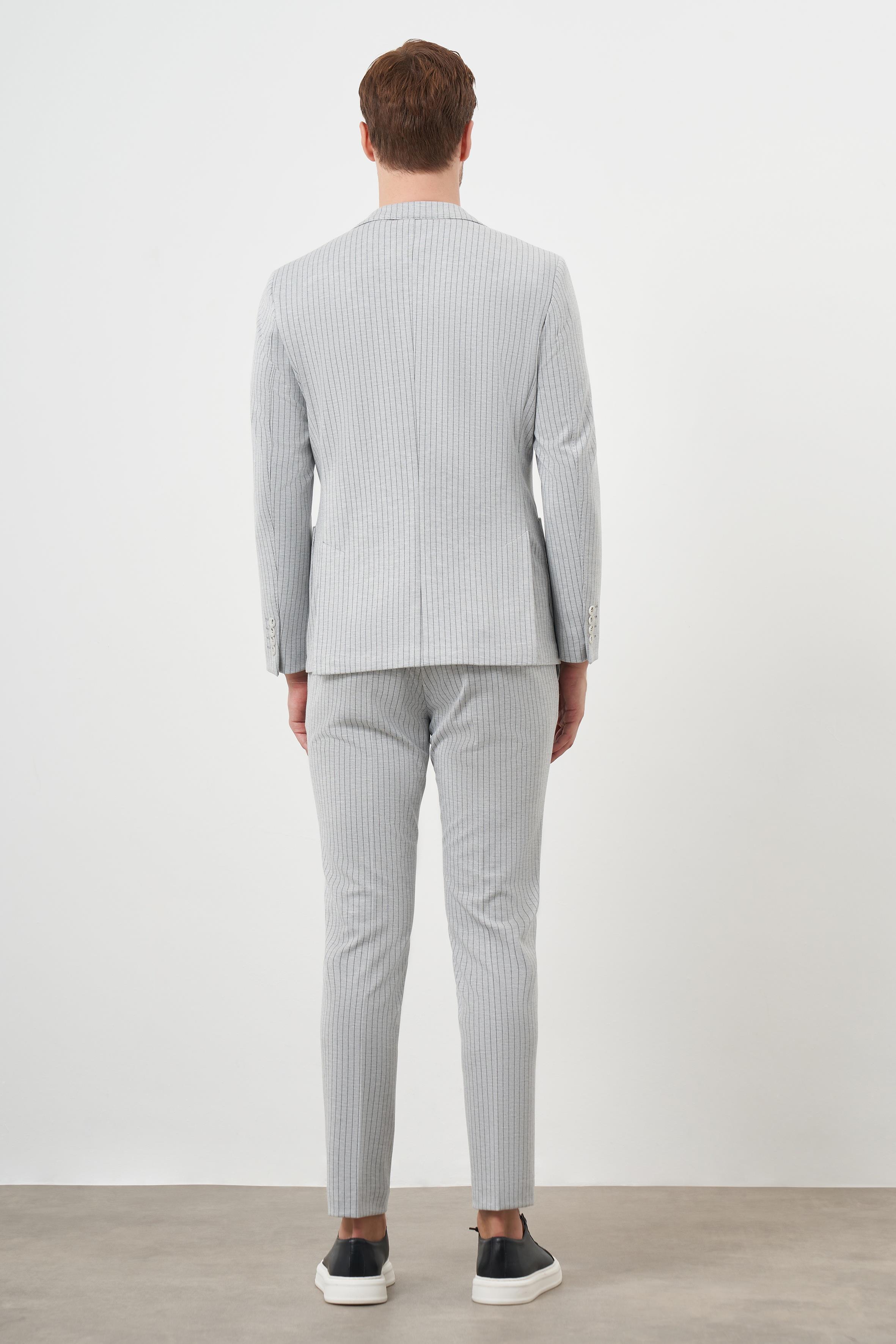 Morven Erkek Gri Poliviskon Trend Çizgili Desen Slim Fit Mono Yaka Takım Elbise