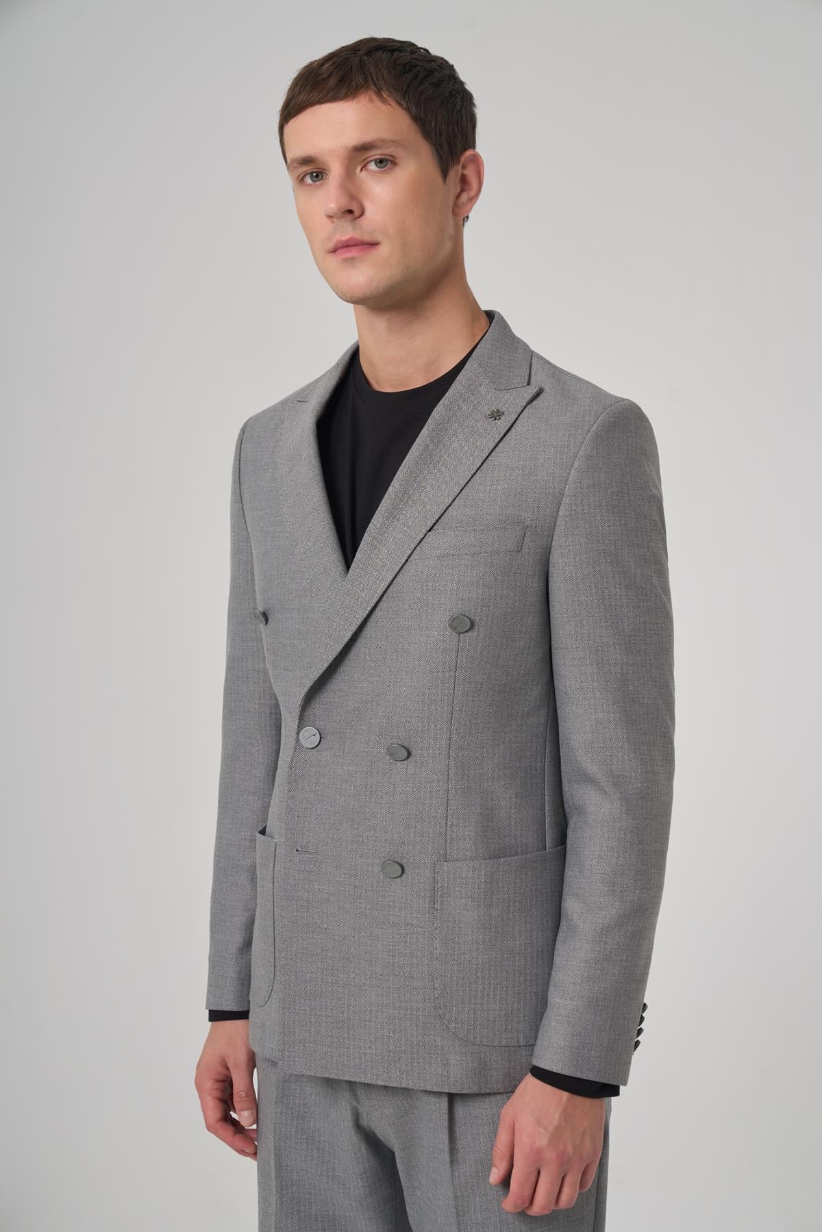 Morven Erkek Gri Poliviskon Trend Desenli Slim Fit Sivri Yaka Takım Elbise