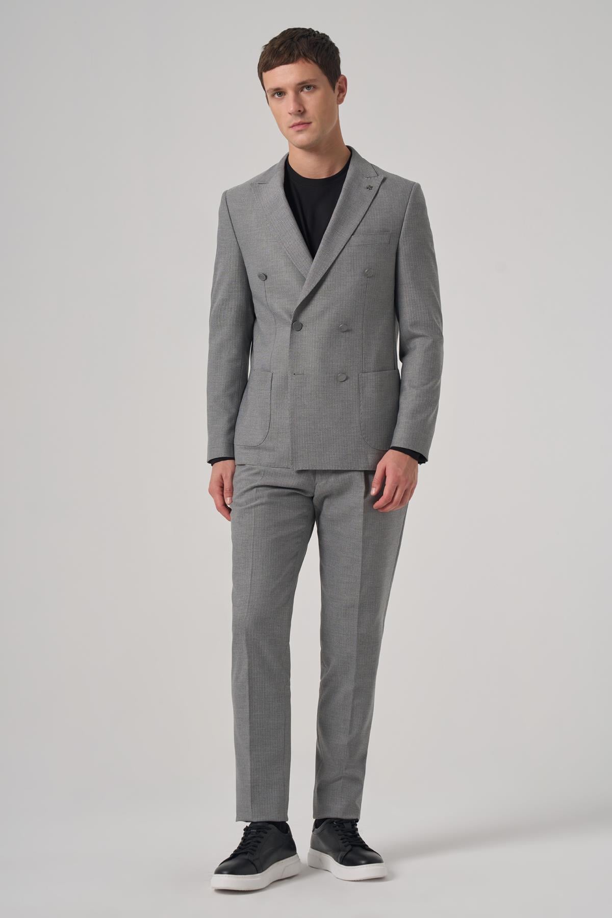 Morven Erkek Gri Poliviskon Trend Desenli Slim Fit Sivri Yaka Takım Elbise