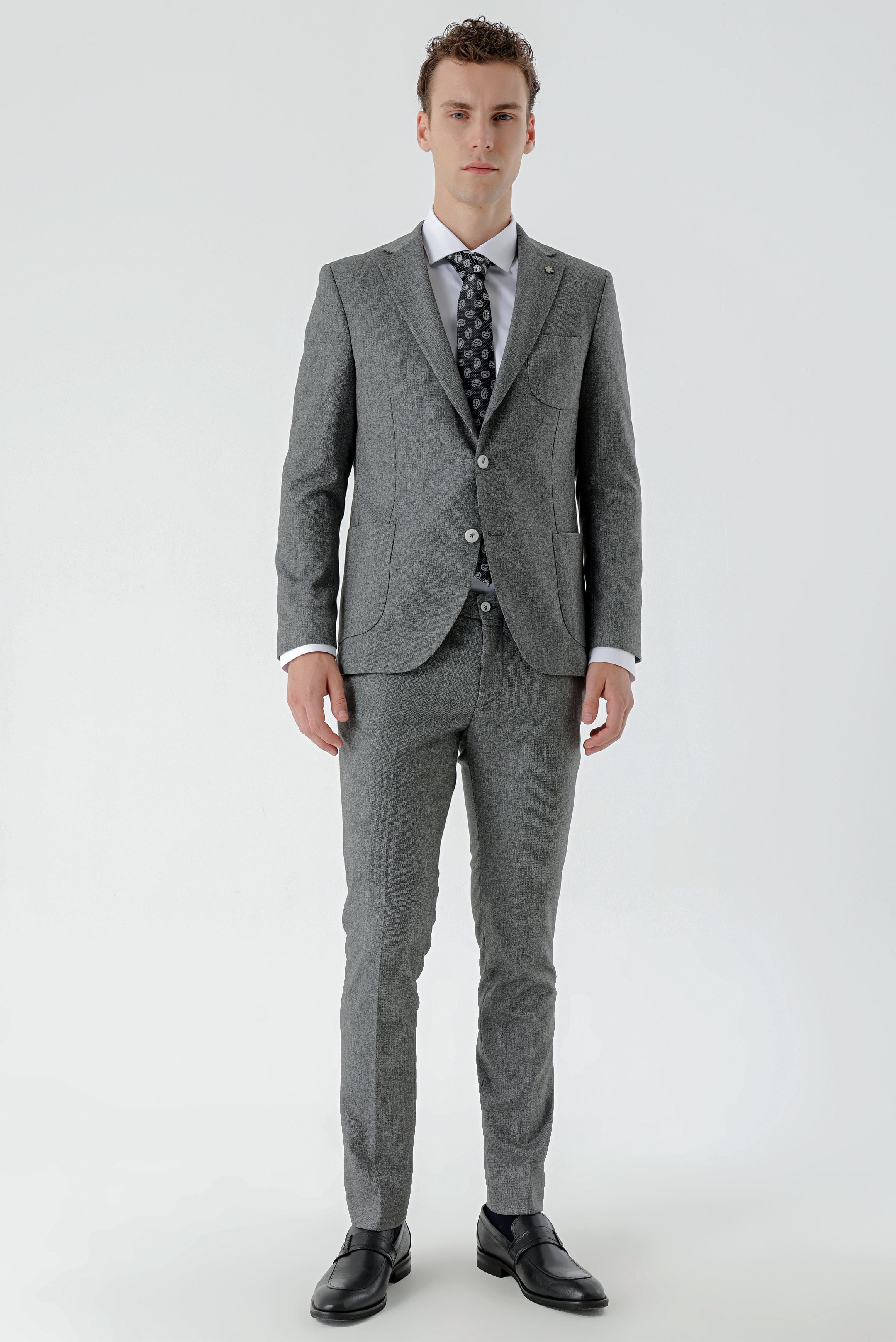 Morven Erkek Gri Poliviskon Trend Desenli Slim Fit Mono Yaka Takım Elbise