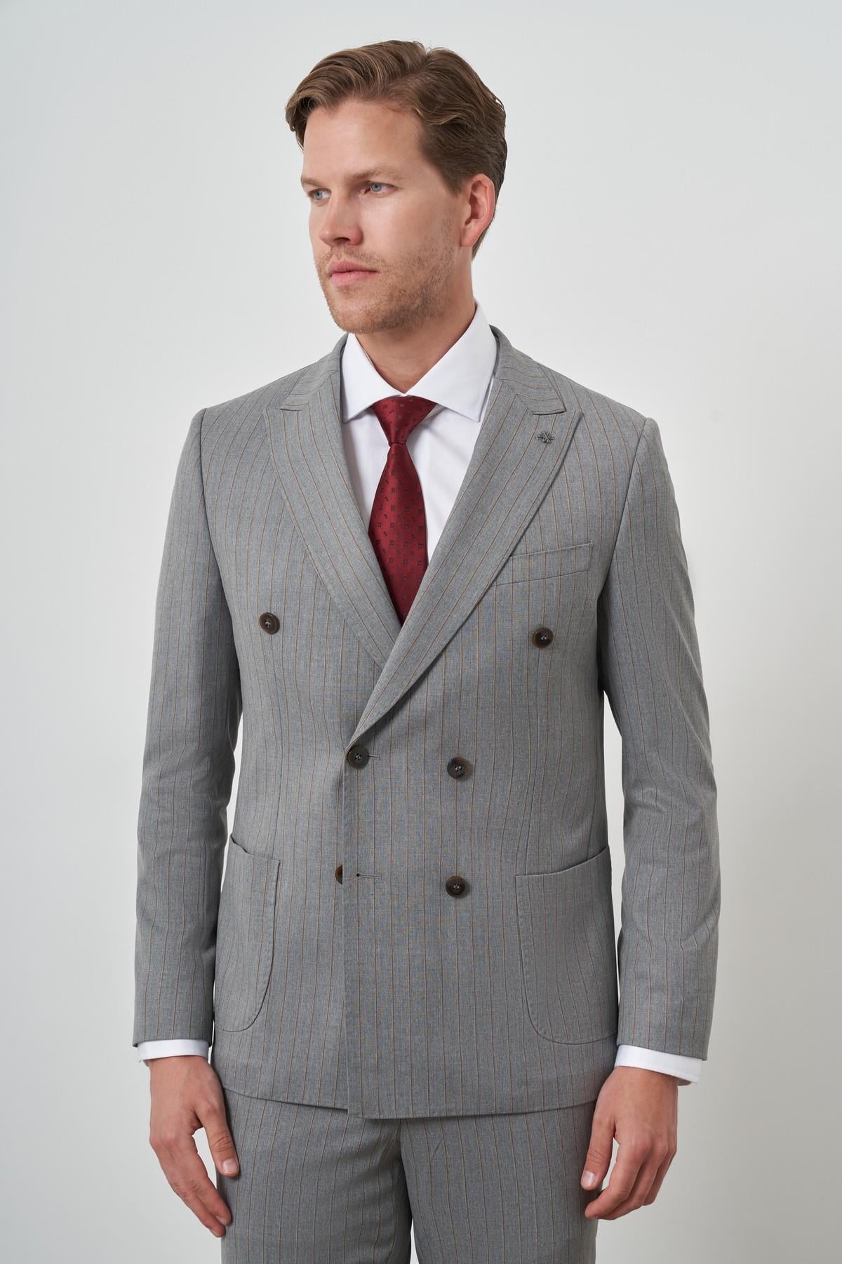 Morven Erkek Gri Poliviskon Trend Kruvaze Çizgili Desen Slim Fit Sivri Yaka Takım Elbise
