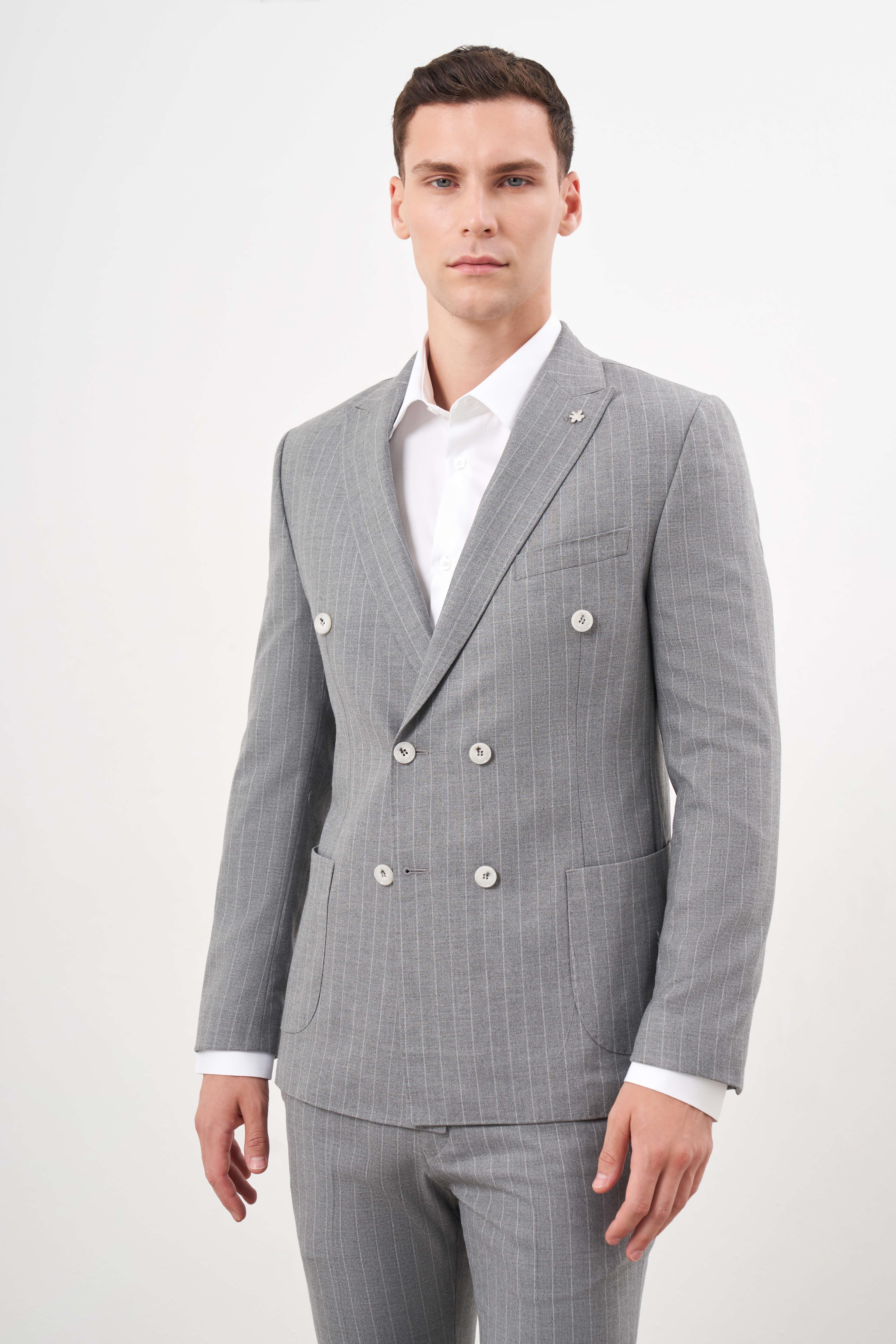 Morven Erkek Gri Poliviskon Trend Kruvaze Slim Fit Sivri Yaka Takım Elbise