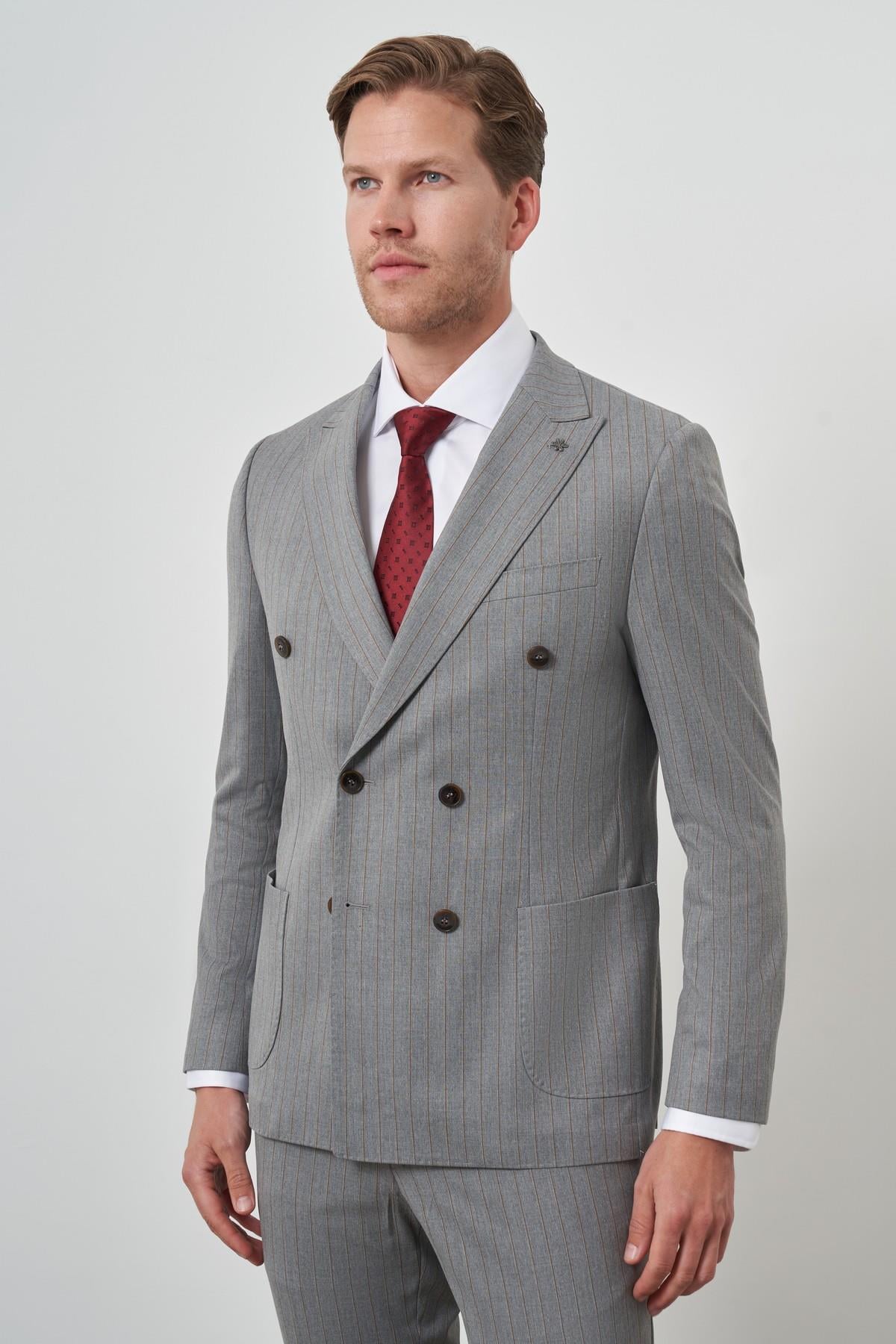 Morven Erkek Gri Poliviskon Trend Kruvaze Çizgili Desen Slim Fit Sivri Yaka Takım Elbise