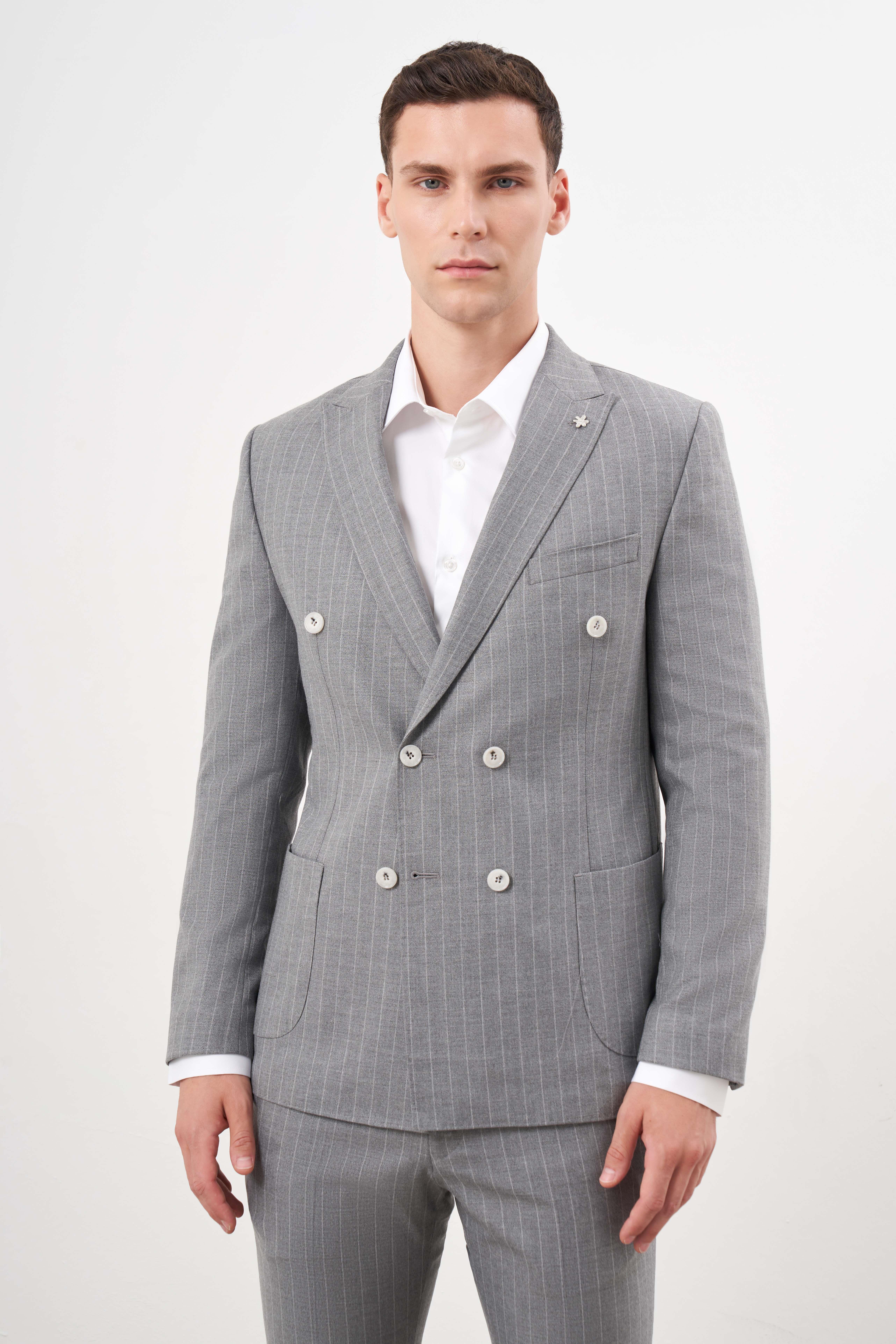 Morven Erkek Gri Poliviskon Trend Kruvaze Slim Fit Sivri Yaka Takım Elbise