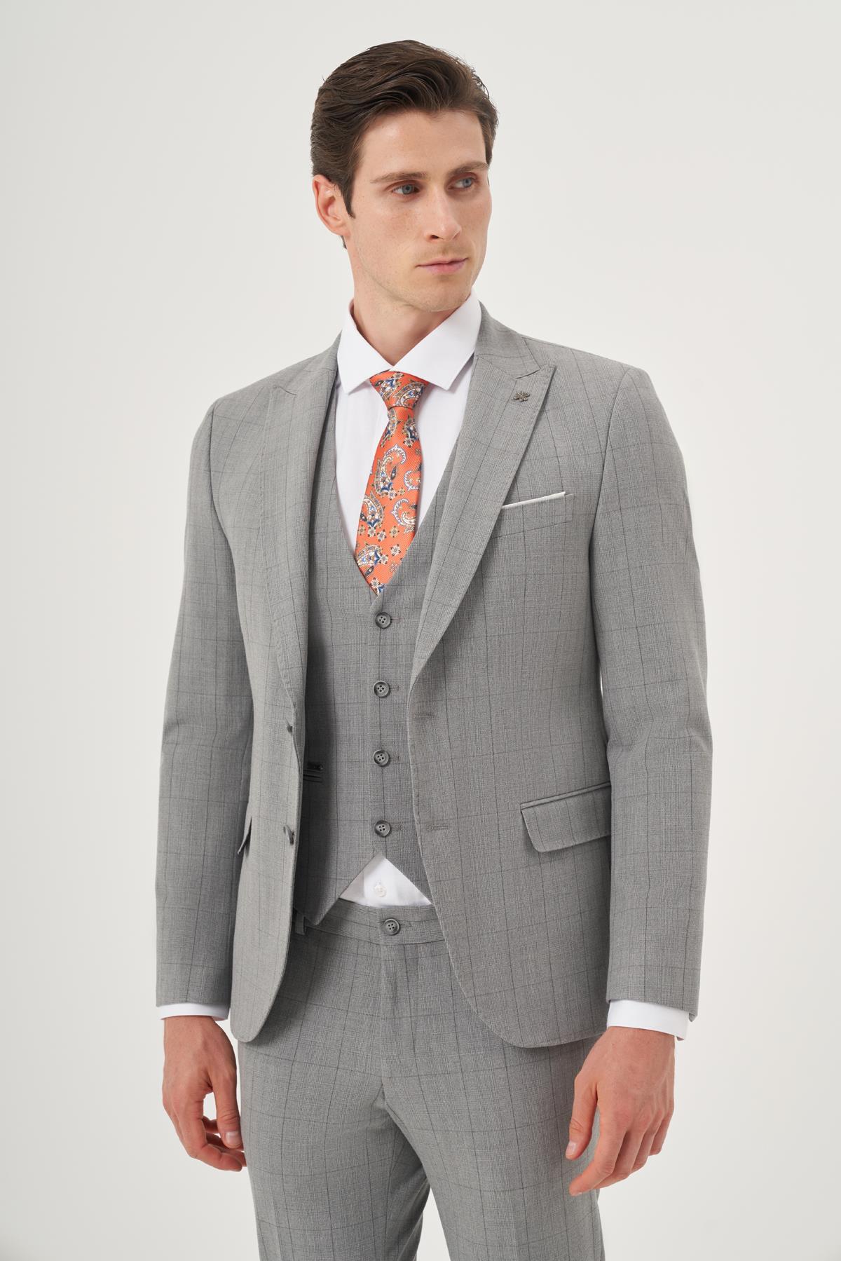 Morven Erkek Gri Poliviskon Trend Yelekli Ekoseli Slim Fit Sivri Yaka Takım Elbise