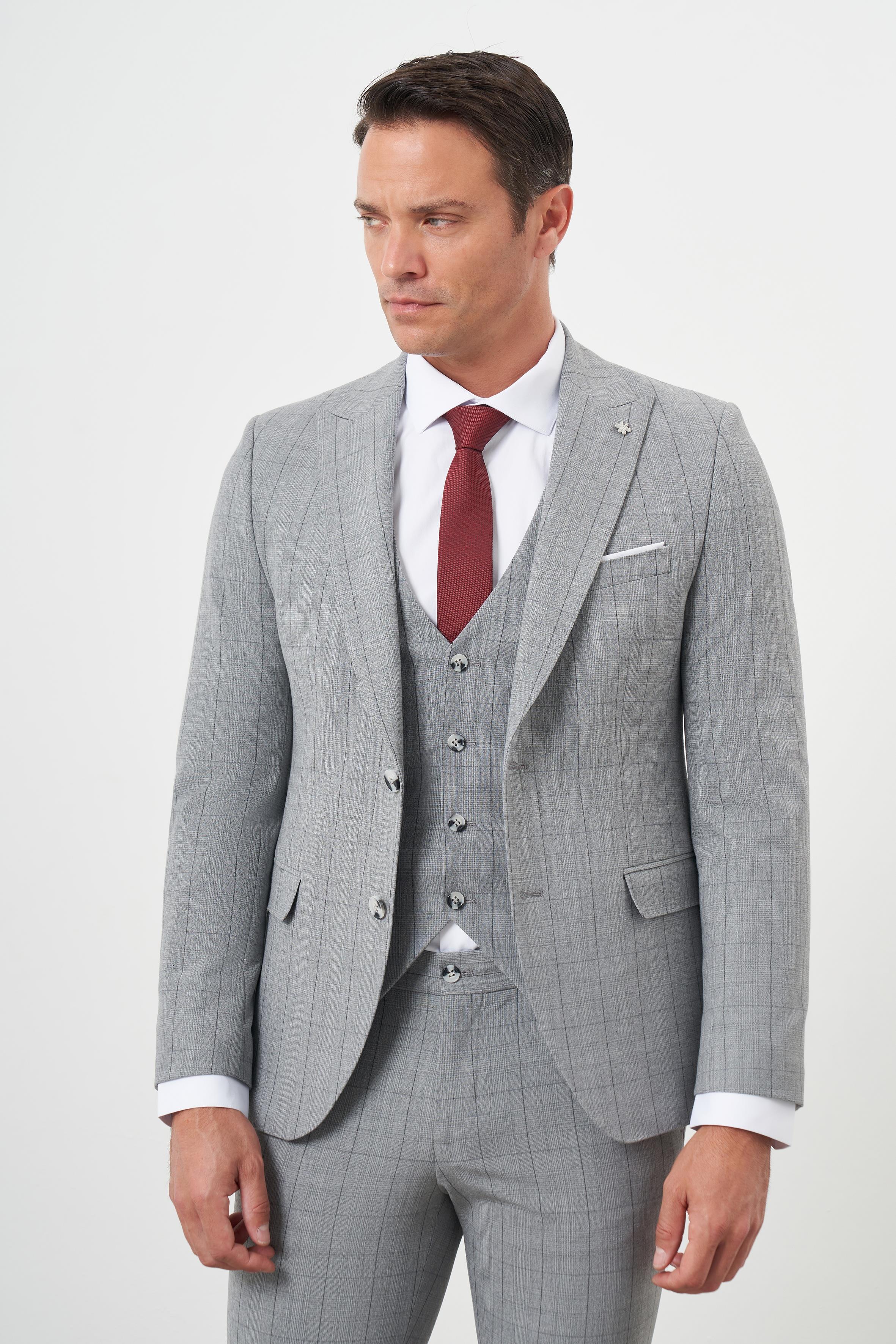 Morven Erkek Gri Poliviskon Trend Yelekli Ekoseli Slim Fit  Sivri Yaka Takım Elbise