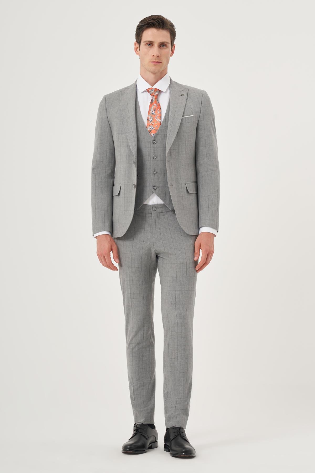 Morven Erkek Gri Poliviskon Trend Yelekli Ekoseli Slim Fit Sivri Yaka Takım Elbise