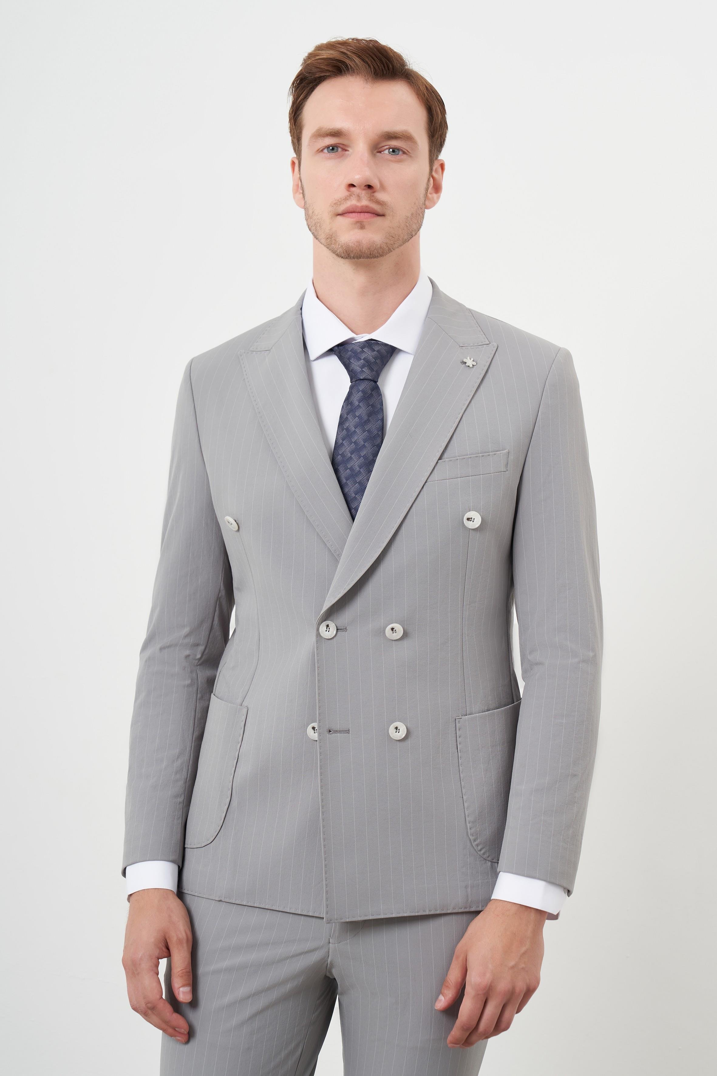 Morven Erkek Gri Polyamide Trend Kruvaze Slim Fit Sivri Yaka Takım Elbise