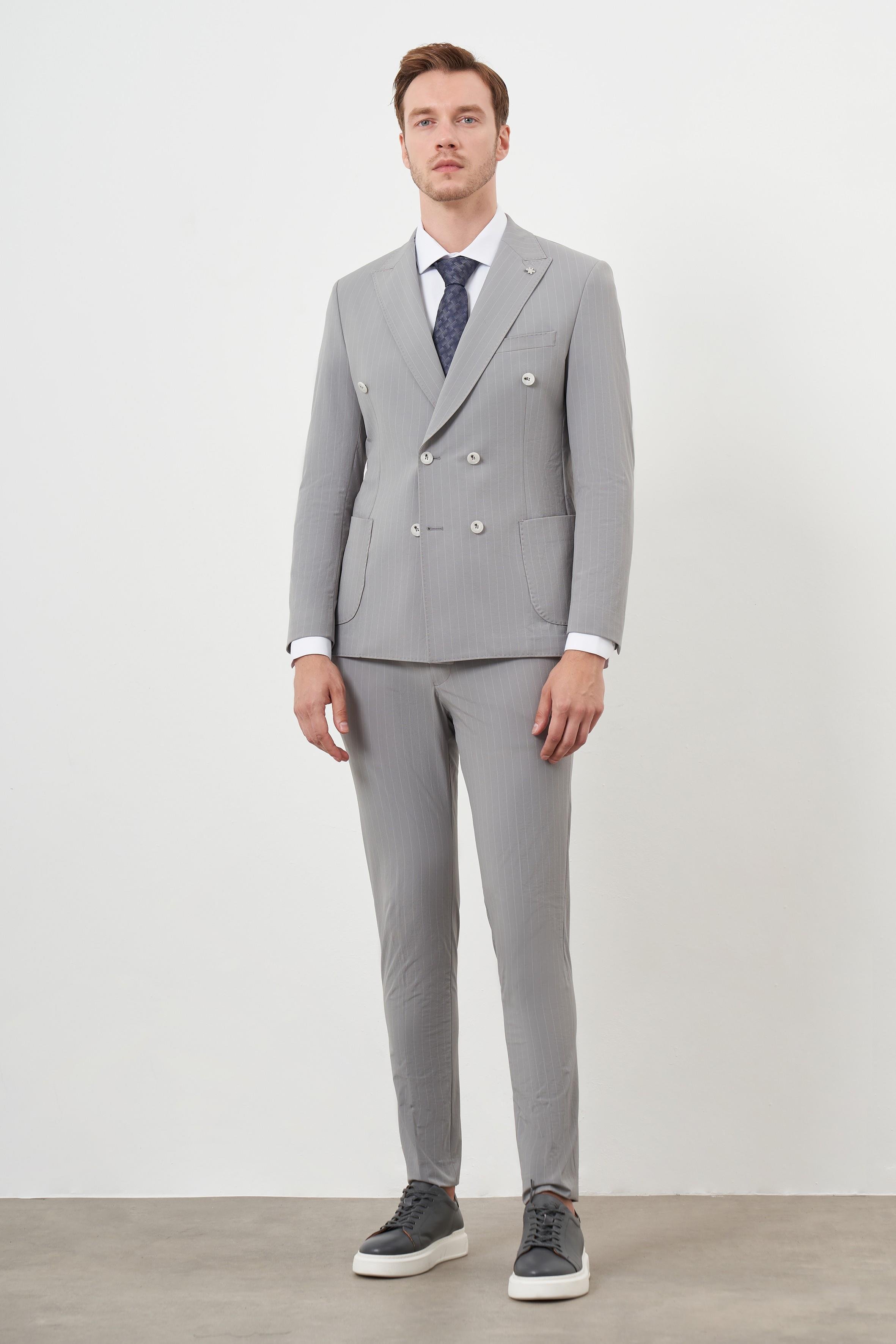 Morven Erkek Gri Polyamide Trend Kruvaze Slim Fit Sivri Yaka Takım Elbise