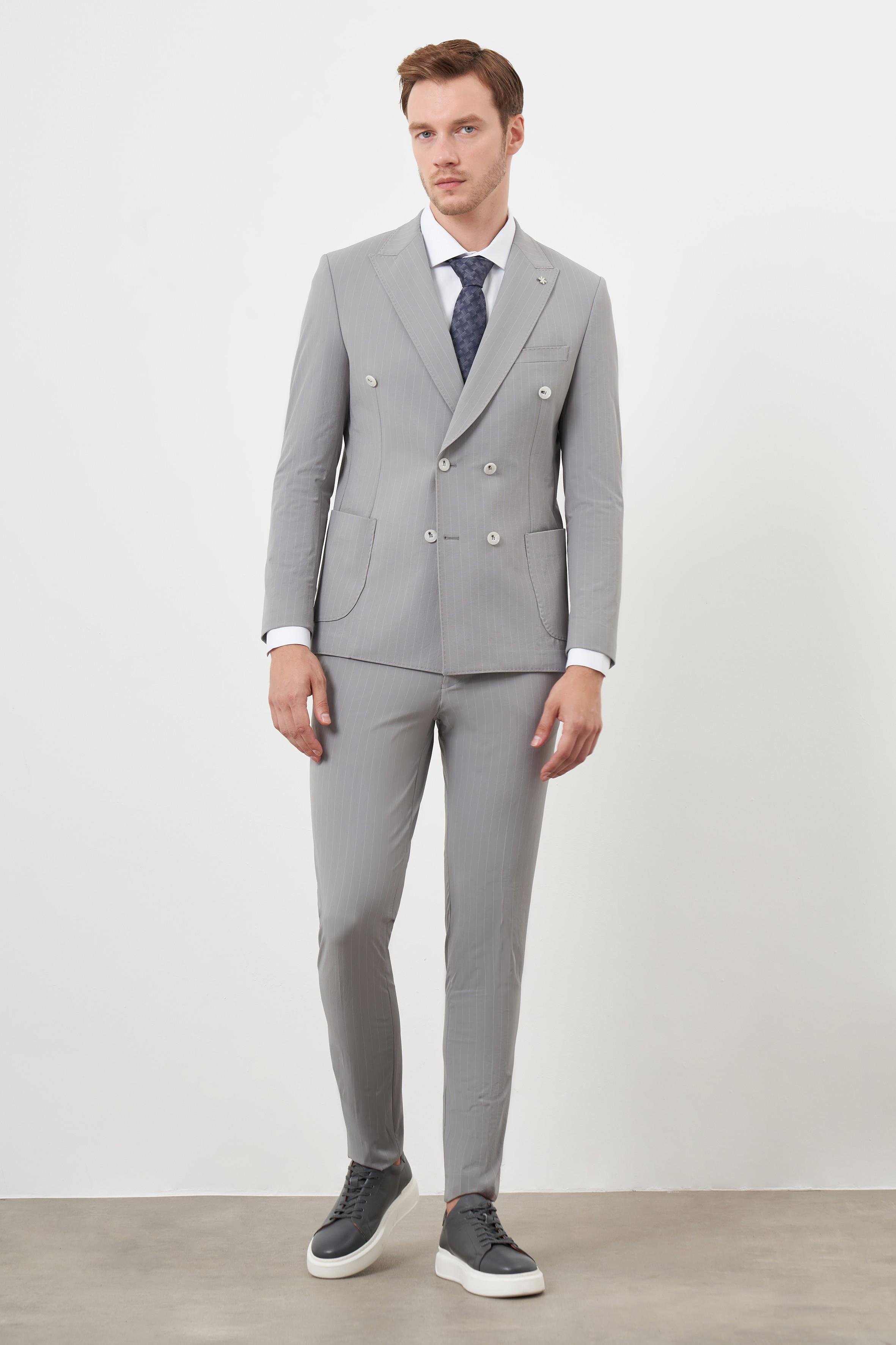 Morven Erkek Gri Polyamide Trend Kruvaze Slim Fit Sivri Yaka Takım Elbise