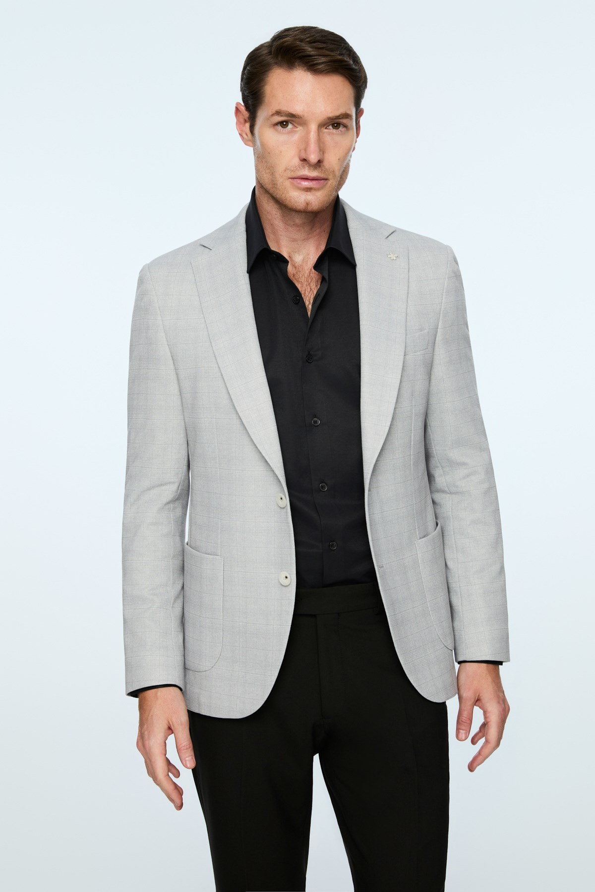Morven Erkek Gri Polyester Trend Ekoseli Slim Fit Mono Yaka Ceket