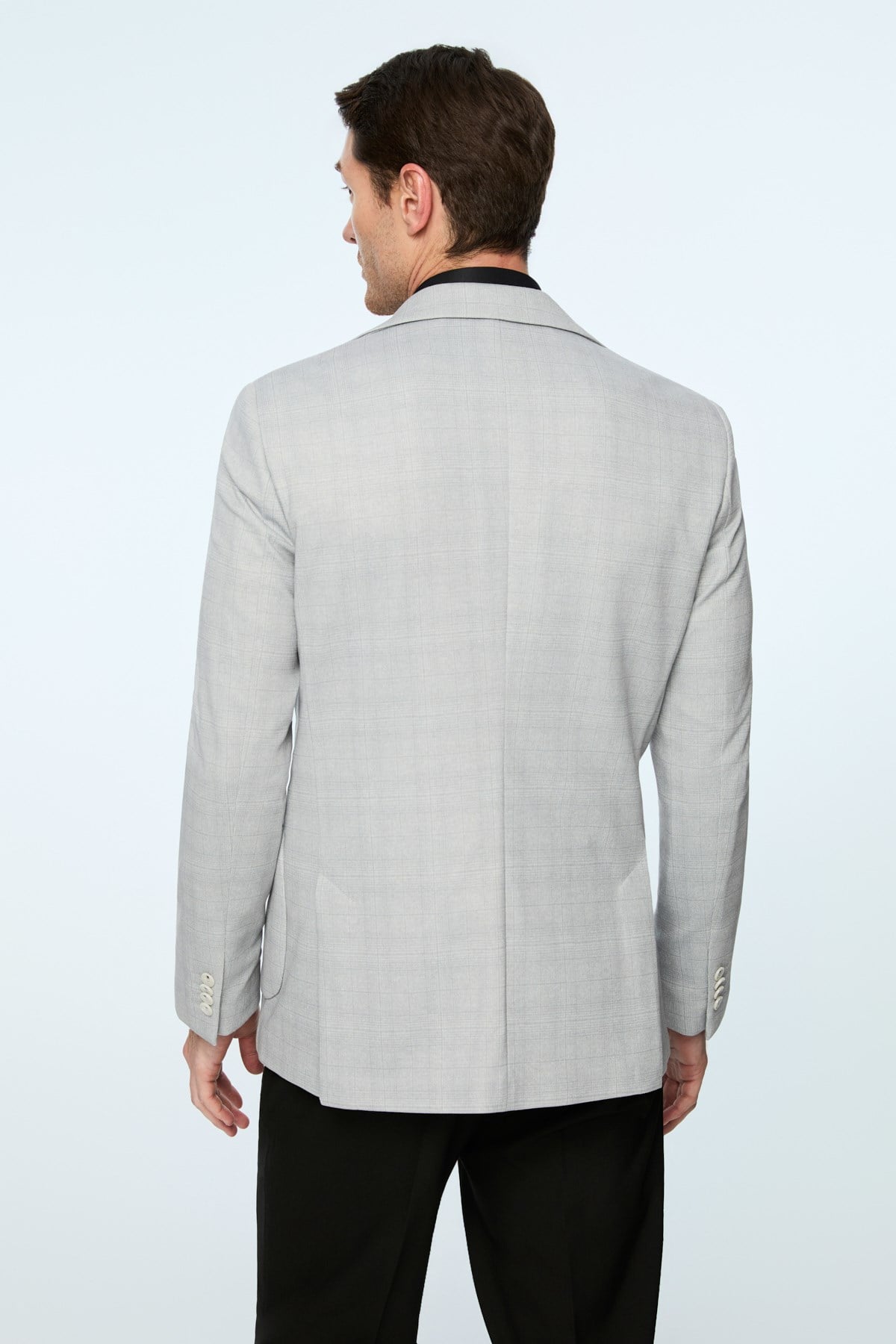 Morven Erkek Gri Polyester Trend Ekoseli Slim Fit Mono Yaka Ceket