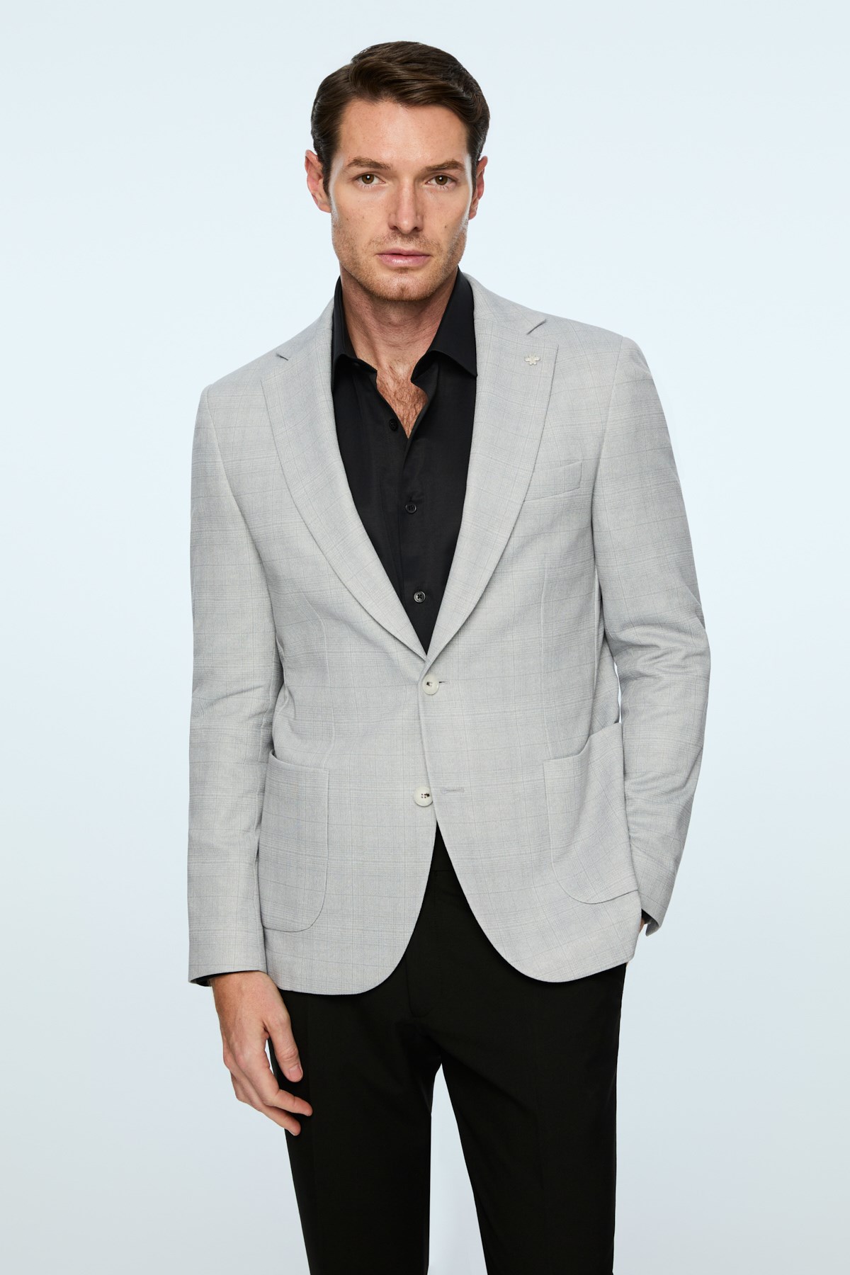 Morven Erkek Gri Polyester Trend Ekoseli Slim Fit Mono Yaka Ceket