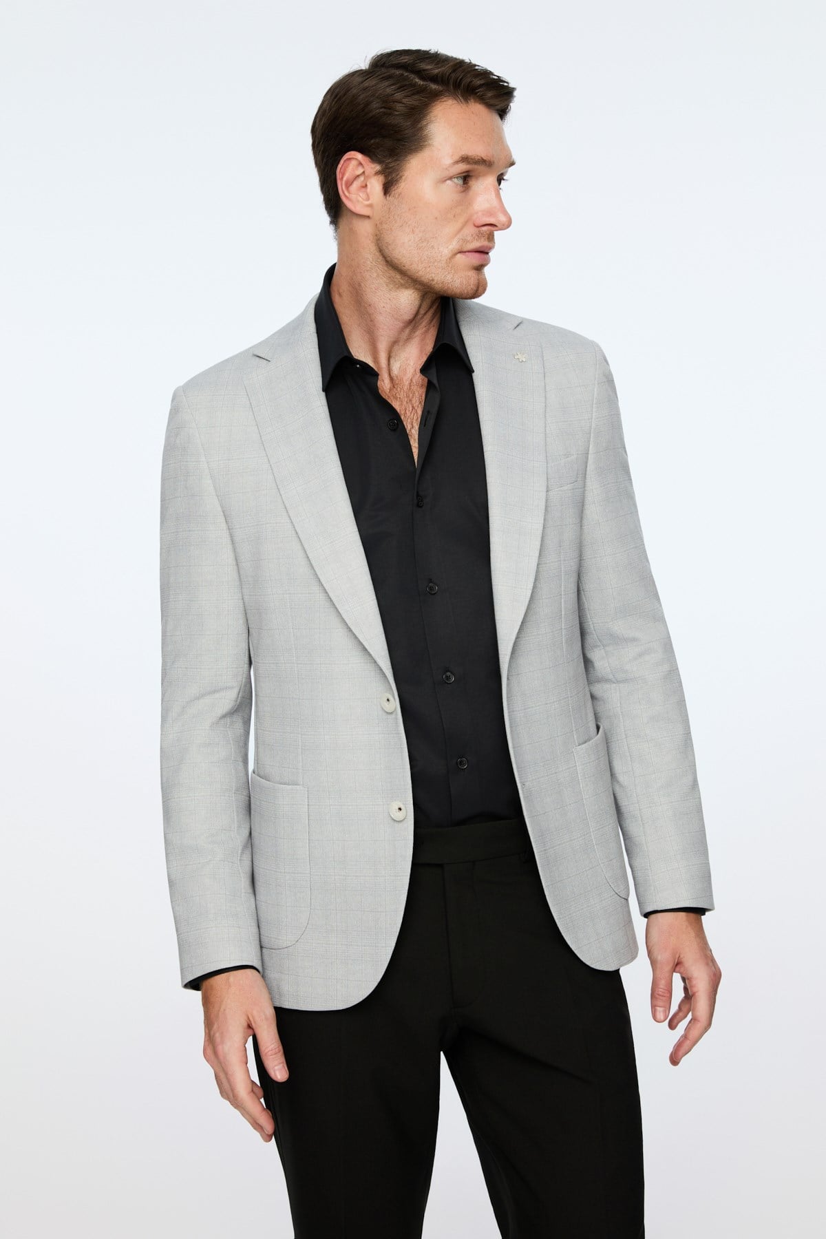 Morven Erkek Gri Polyester Trend Ekoseli Slim Fit Mono Yaka Ceket