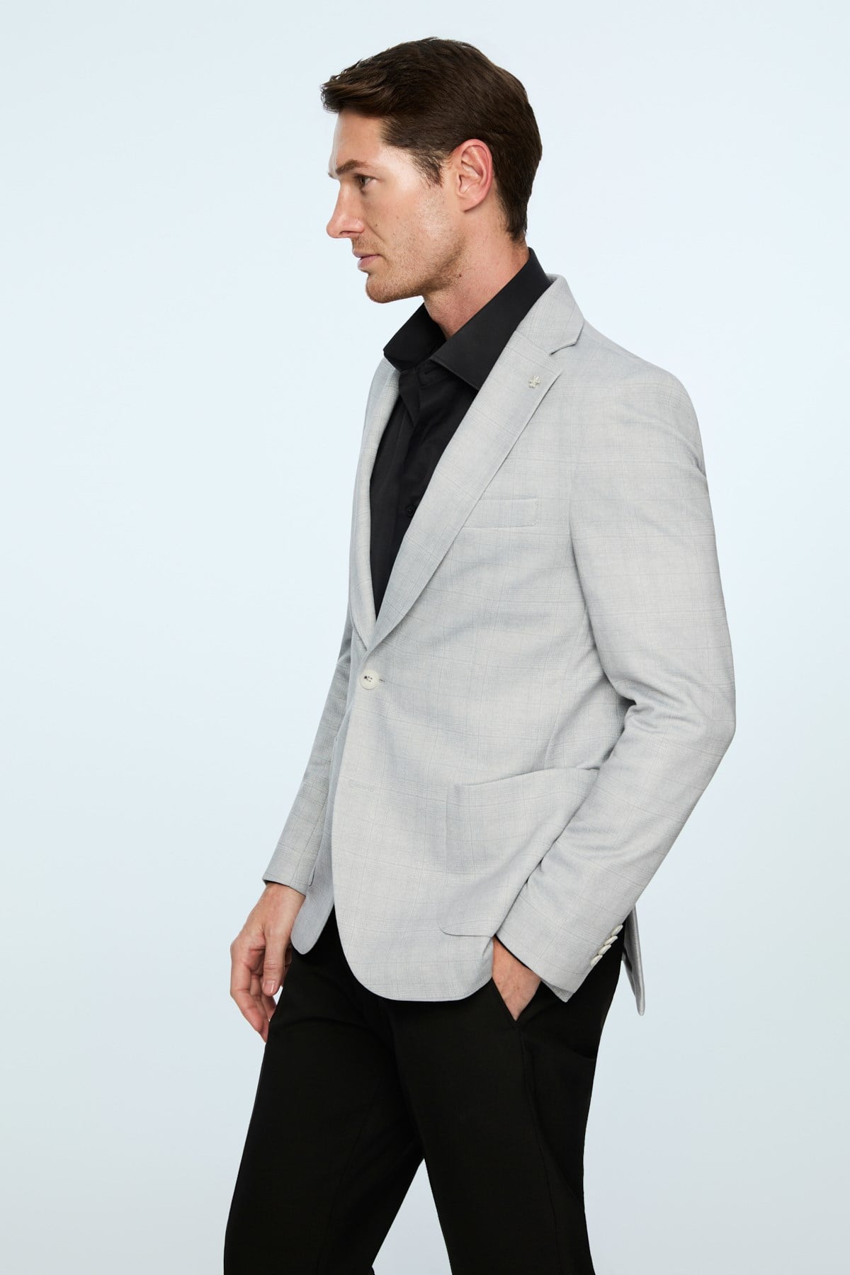 Morven Erkek Gri Polyester Trend Ekoseli Slim Fit Mono Yaka Ceket