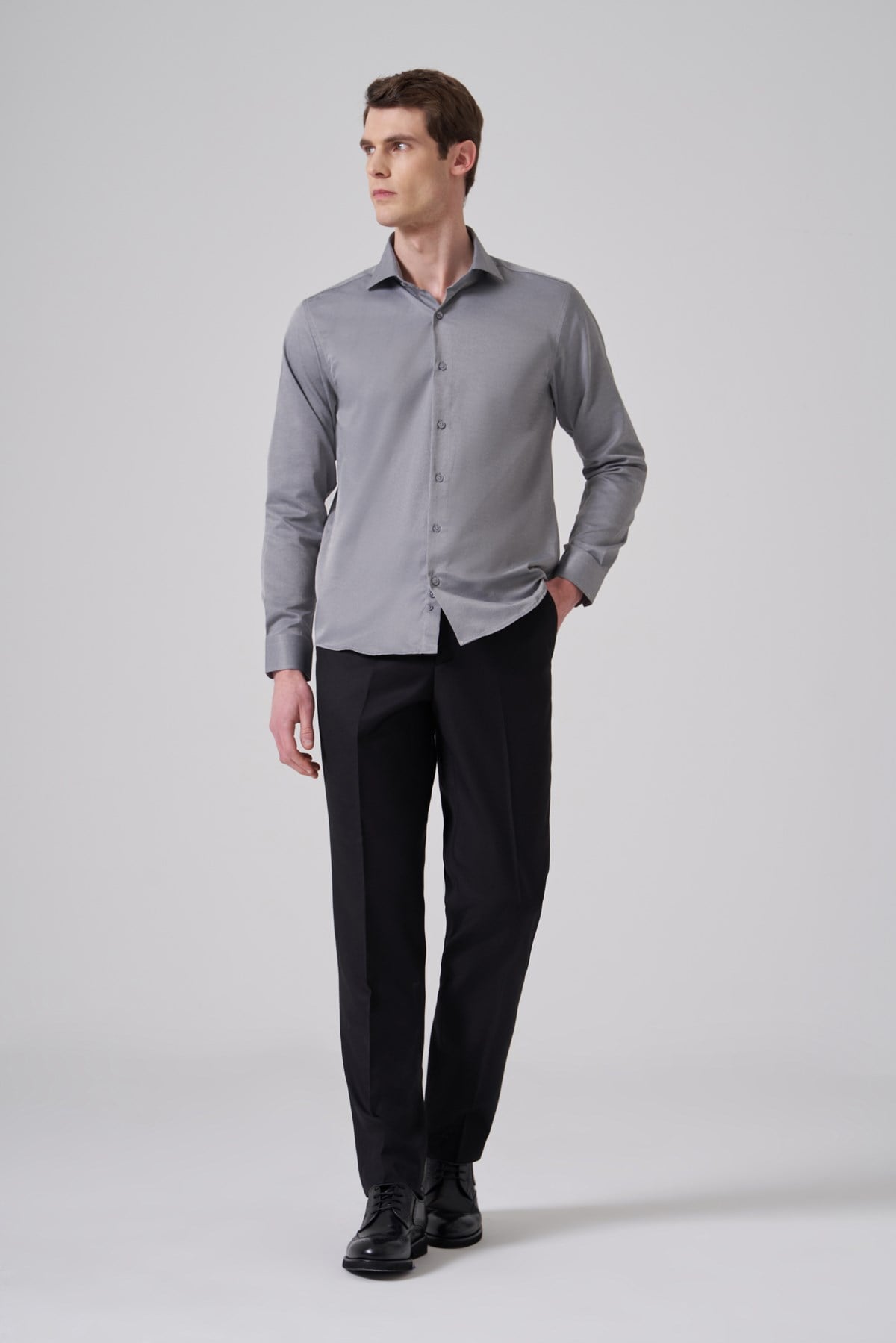 Morven Erkek Gri Polyester Trend Slim Fit Tam İtalyan Yaka Gömlek