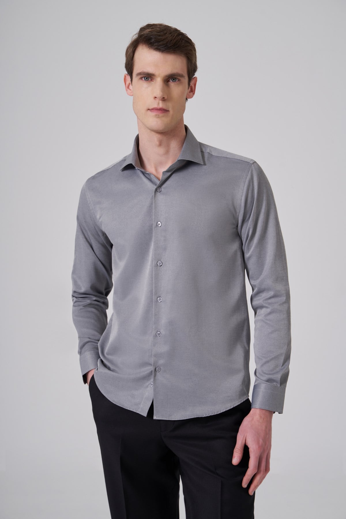 Morven Erkek Gri Polyester Trend Slim Fit Tam İtalyan Yaka Gömlek