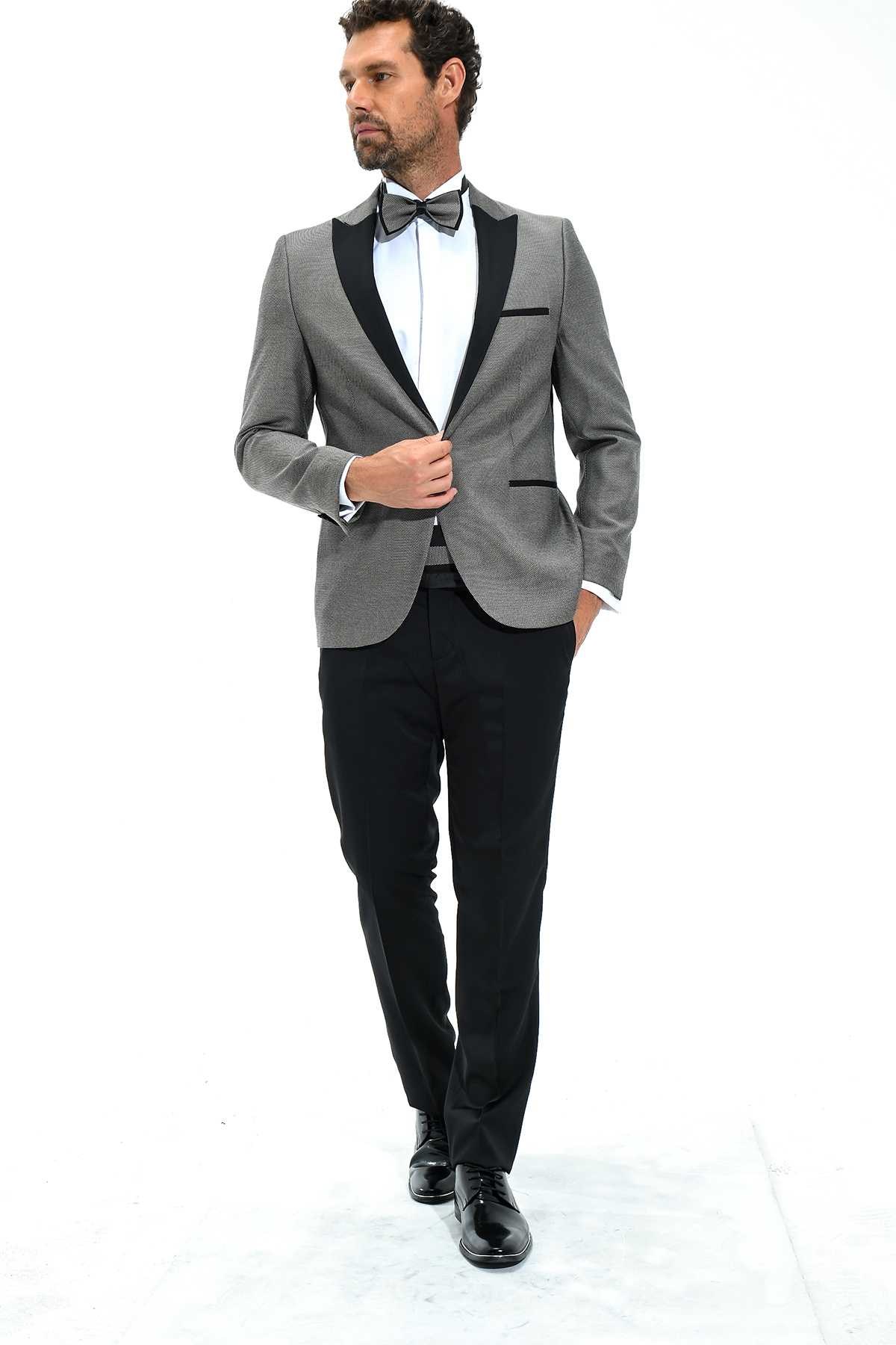 Morven Erkek Gri Portofino Slimfit Jakarlı Smokin