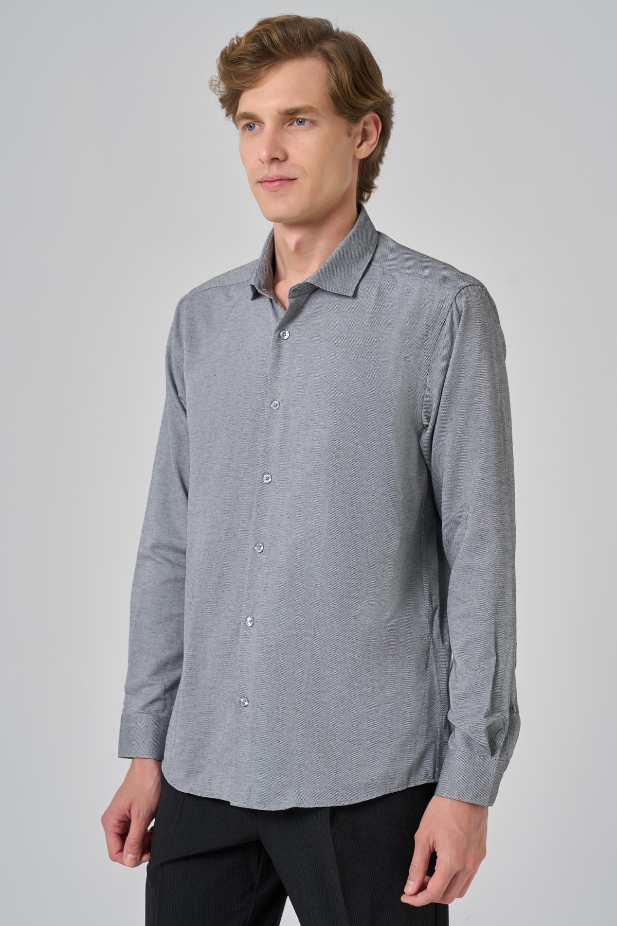 Morven Erkek Gri Slim Fit İtalyan Yaka Gömlek
