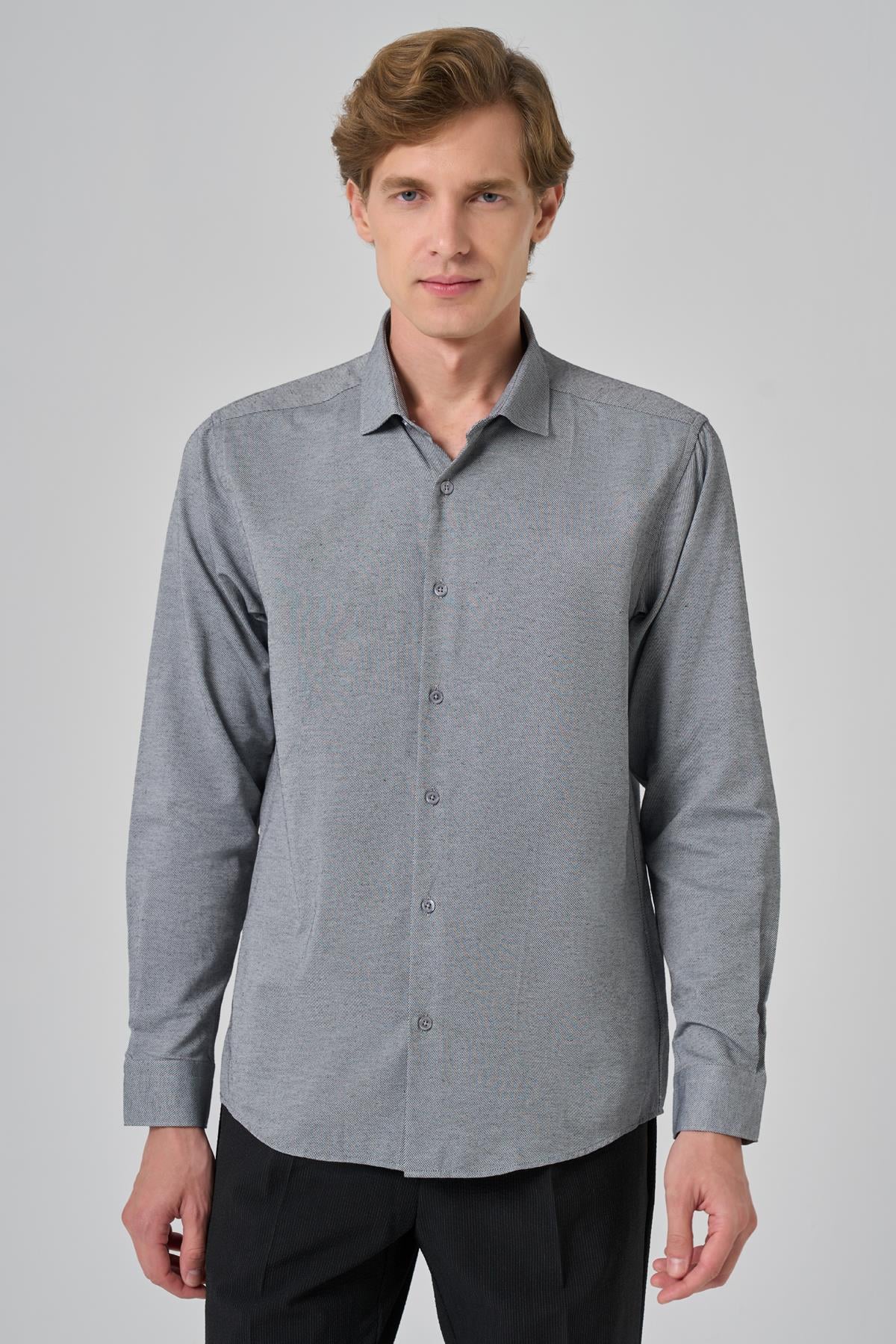 Morven Erkek Gri Slim Fit İtalyan Yaka Gömlek