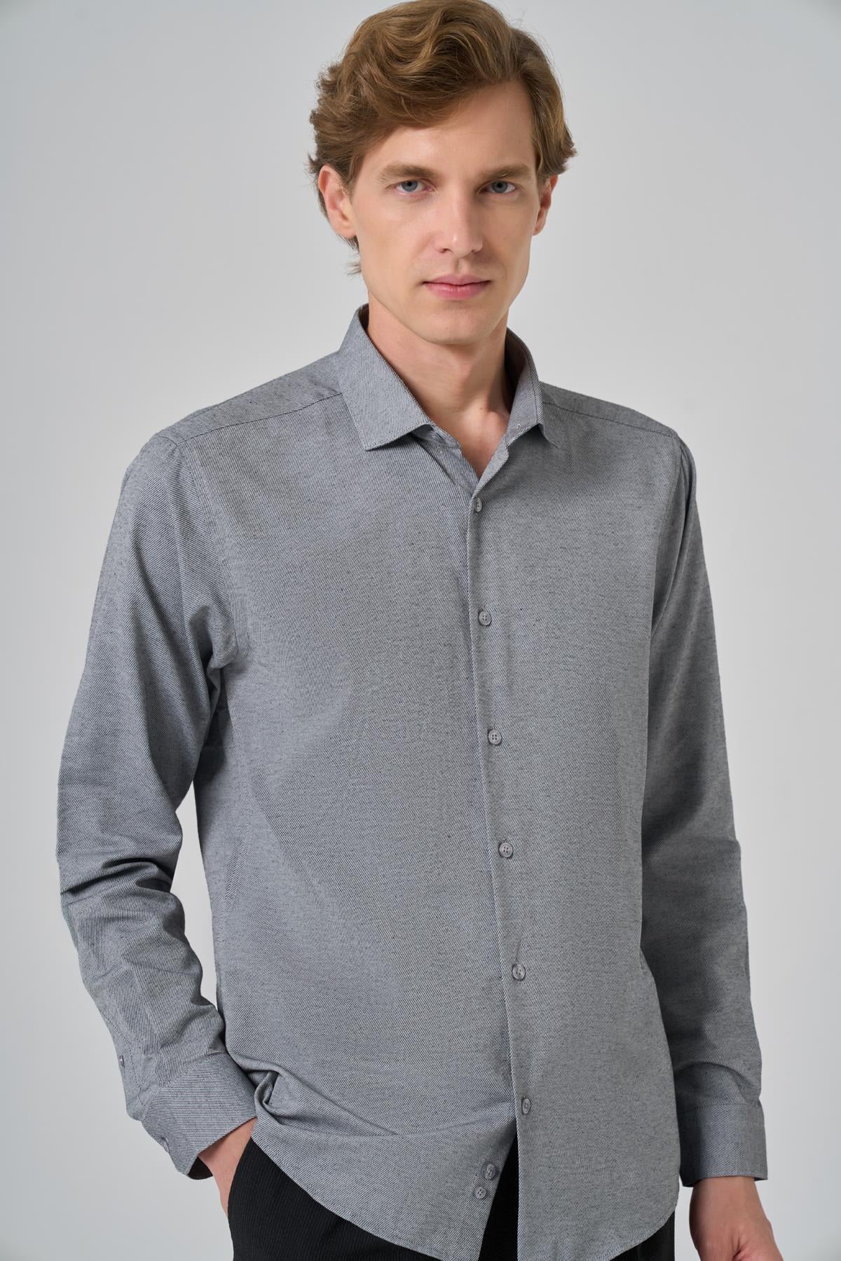 Morven Erkek Gri Slim Fit İtalyan Yaka Gömlek