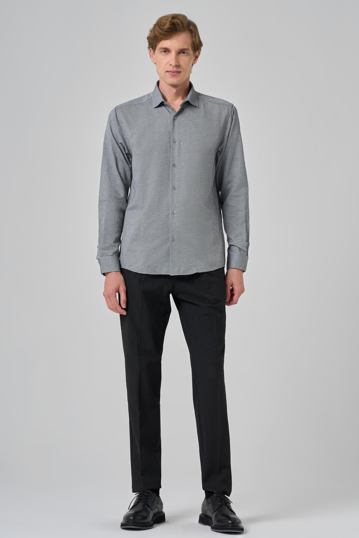 Morven Erkek Gri Slim Fit İtalyan Yaka Gömlek