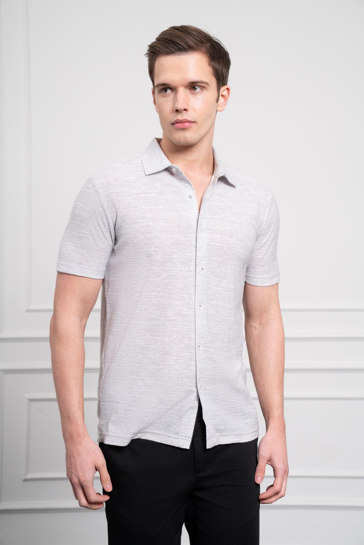 Morven Erkek Gri Trend Apaçi Yaka Dynamic Fit Kısa Kollu Gömlek
