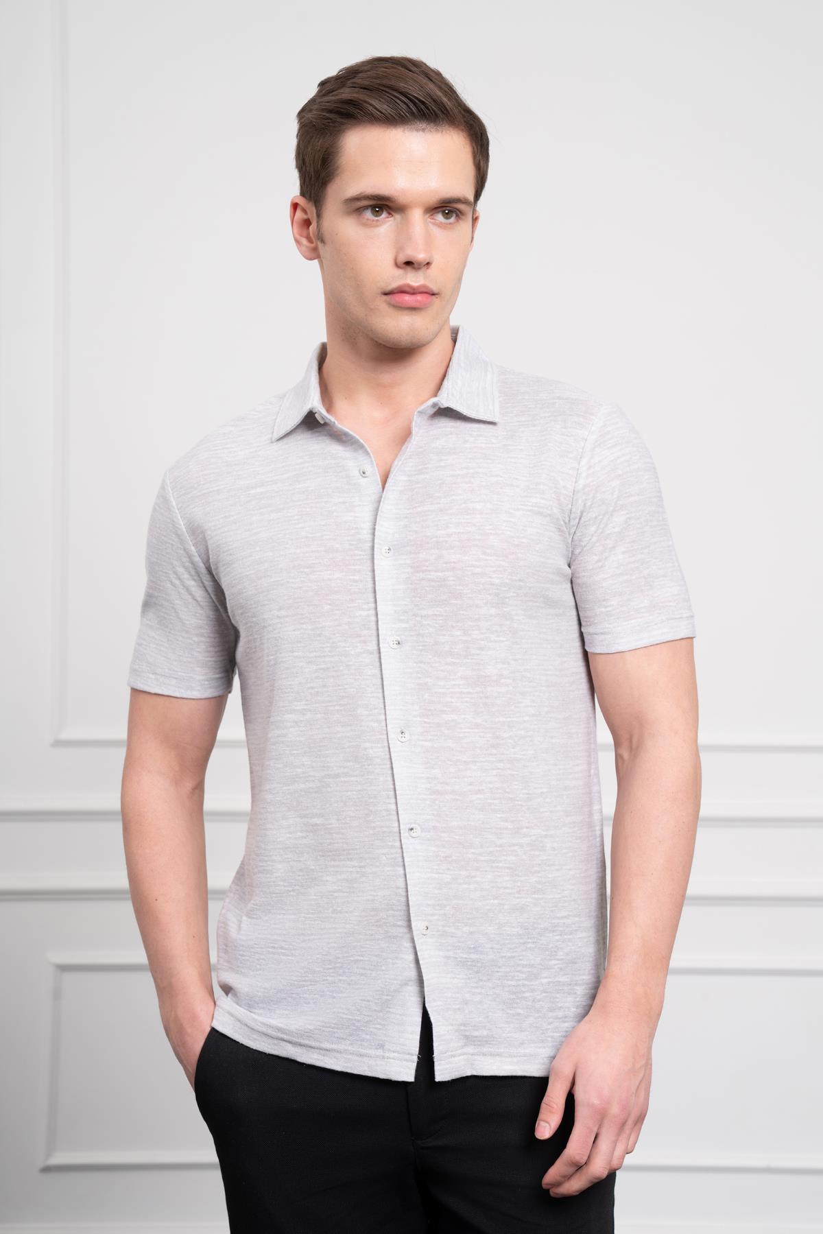 Morven Erkek Gri Trend Apaçi Yaka Dynamic Fit Kısa Kollu Gömlek