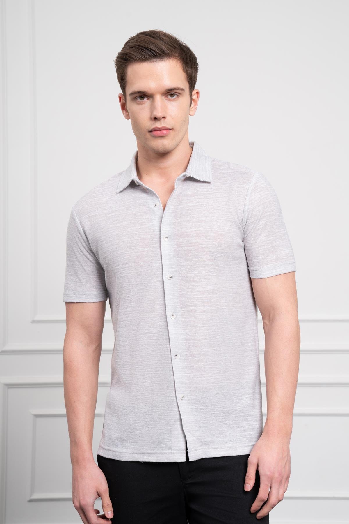 Morven Erkek Gri Trend Apaçi Yaka Dynamic Fit Kısa Kollu Gömlek