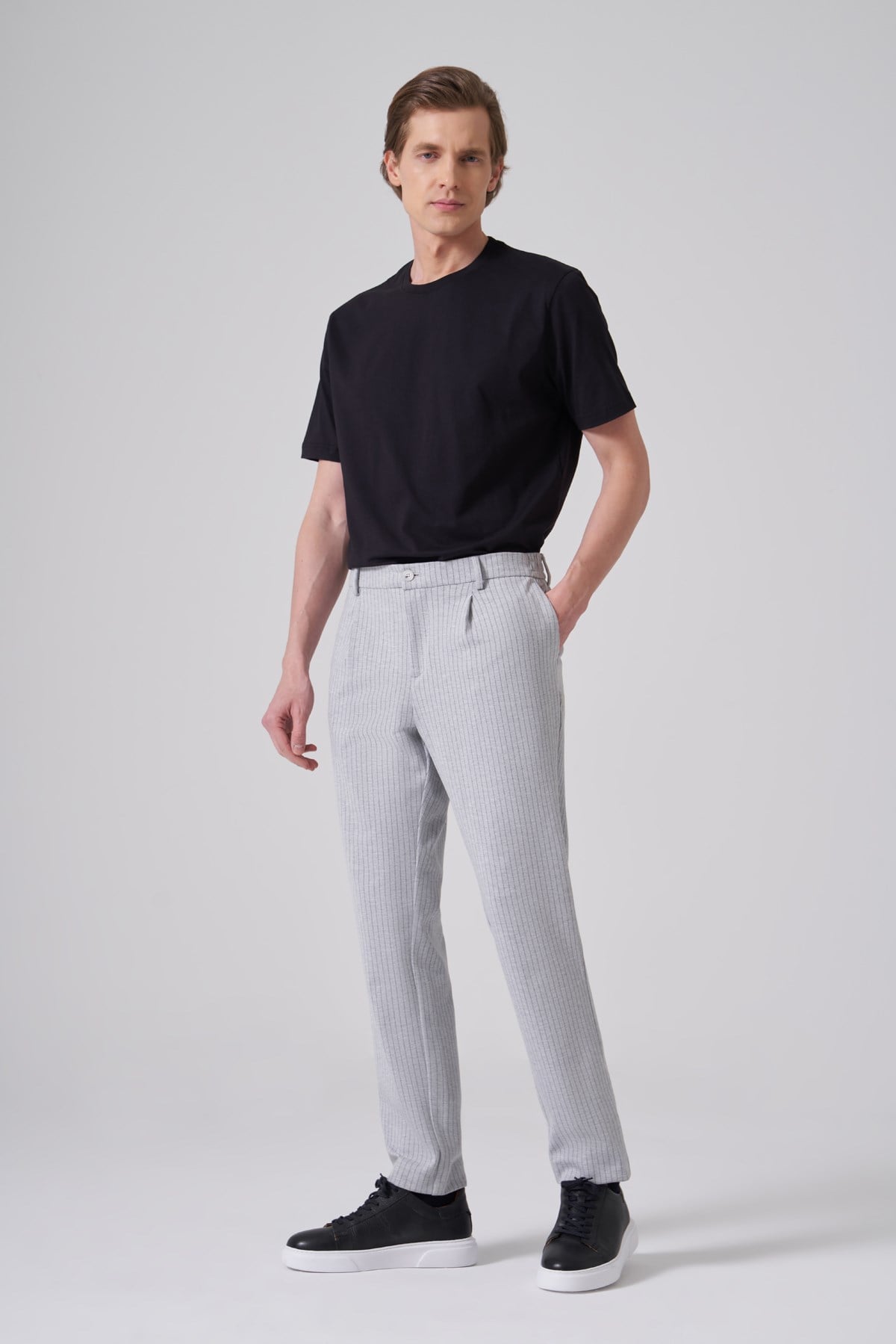 Morven Erkek Gri Trend Çizgili Slim Fit Pantolon