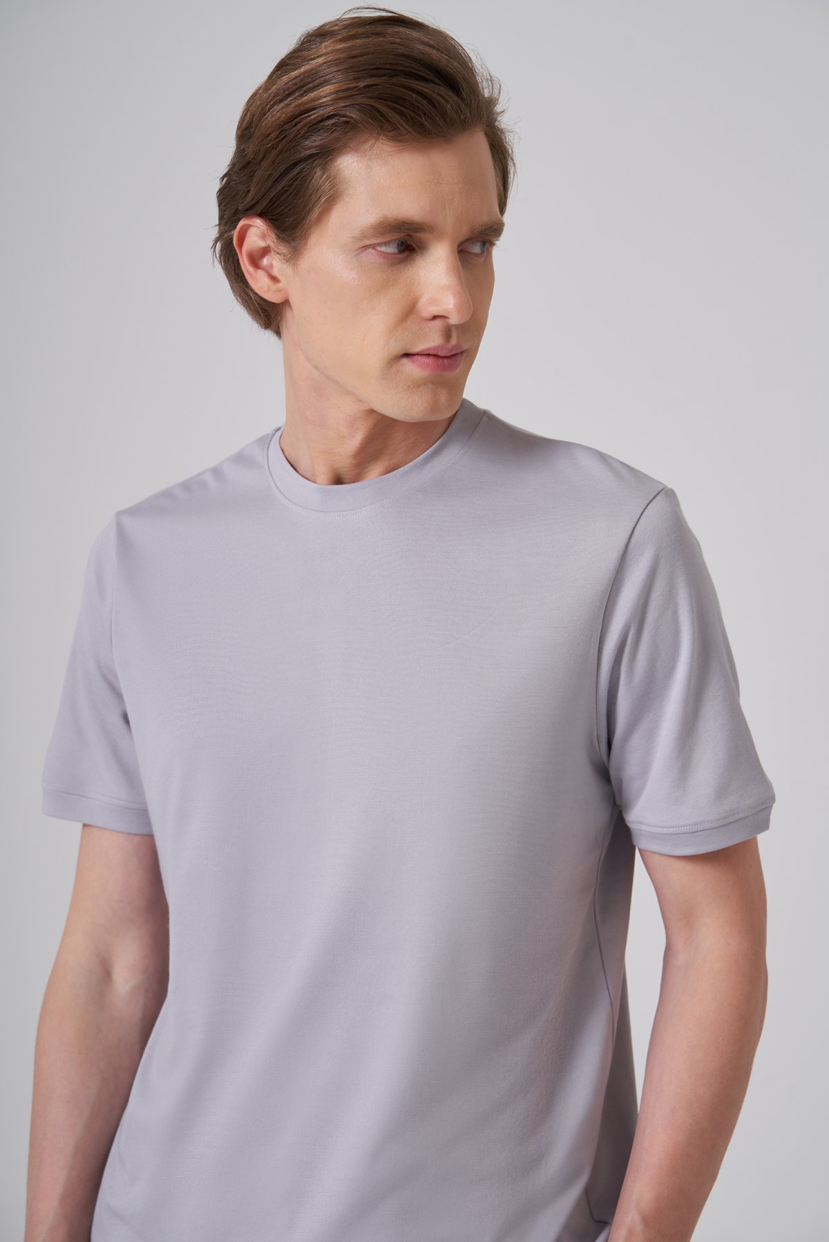 Morven Erkek Gri Trend Düz Penye  Bisiklet Yaka Tshirt