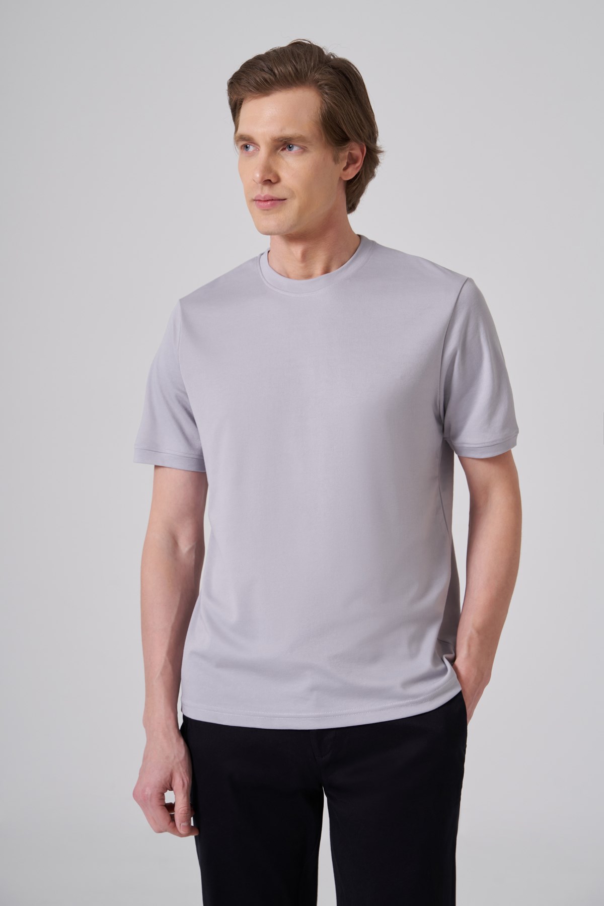 Morven Erkek Gri Trend Düz Penye  Bisiklet Yaka Tshirt