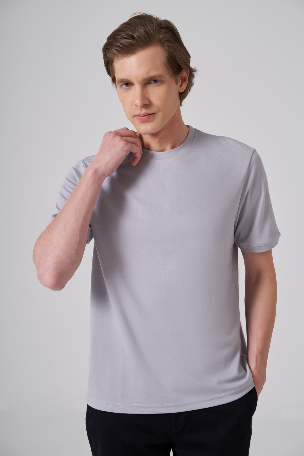 Morven Erkek Gri Trend Düz Penye  Bisiklet Yaka Tshirt