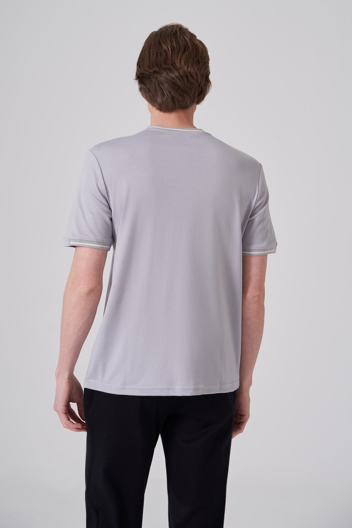 Morven Erkek Gri Trend Düz Penye  Bisiklet Yaka Tshirt