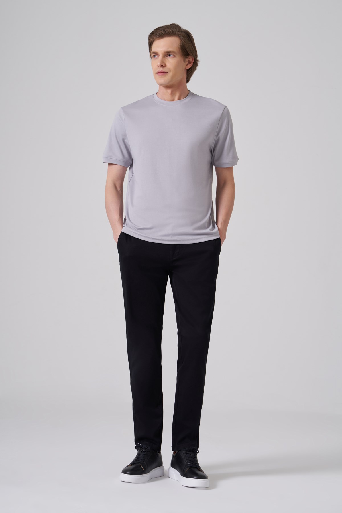 Morven Erkek Gri Trend Düz Penye  Bisiklet Yaka Tshirt