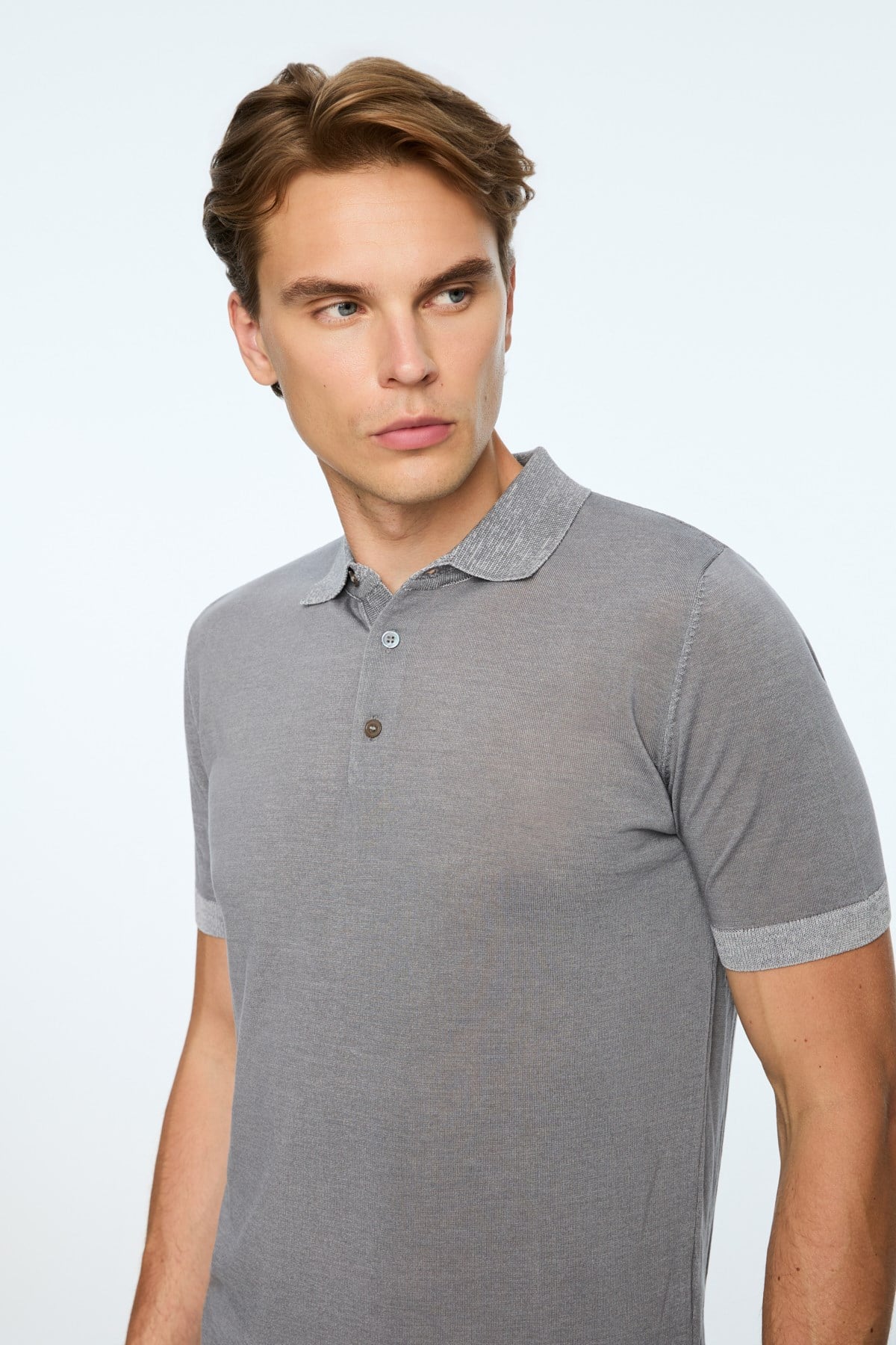Morven Erkek Gri Trend Polo Yaka Tencel Triko T-Shirt