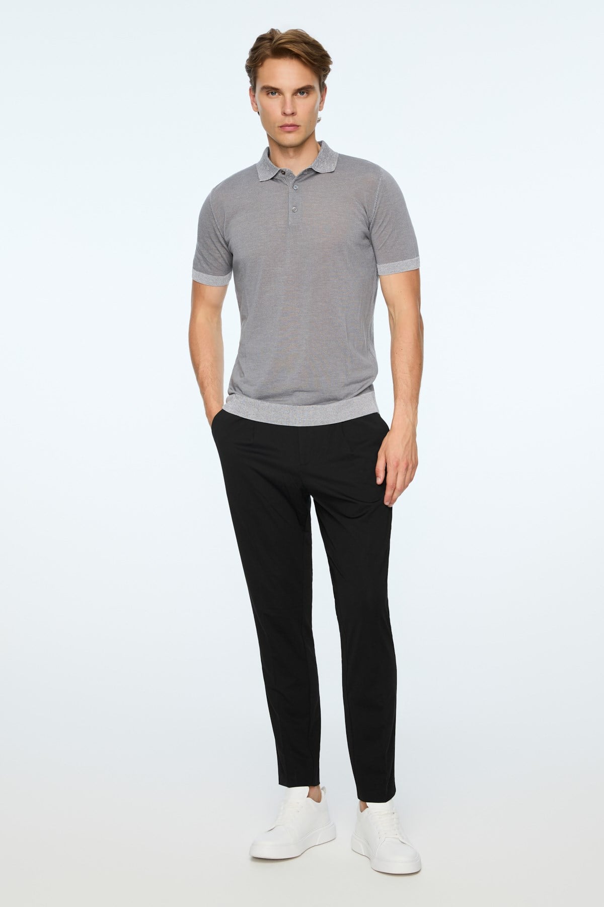 Morven Erkek Gri Trend Polo Yaka Tencel Triko T-Shirt