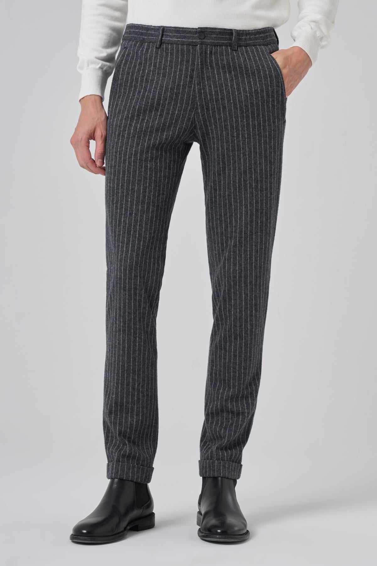 Morven Erkek Gri Trend Slim Fit Lastikli Fermuarlı Pantolon