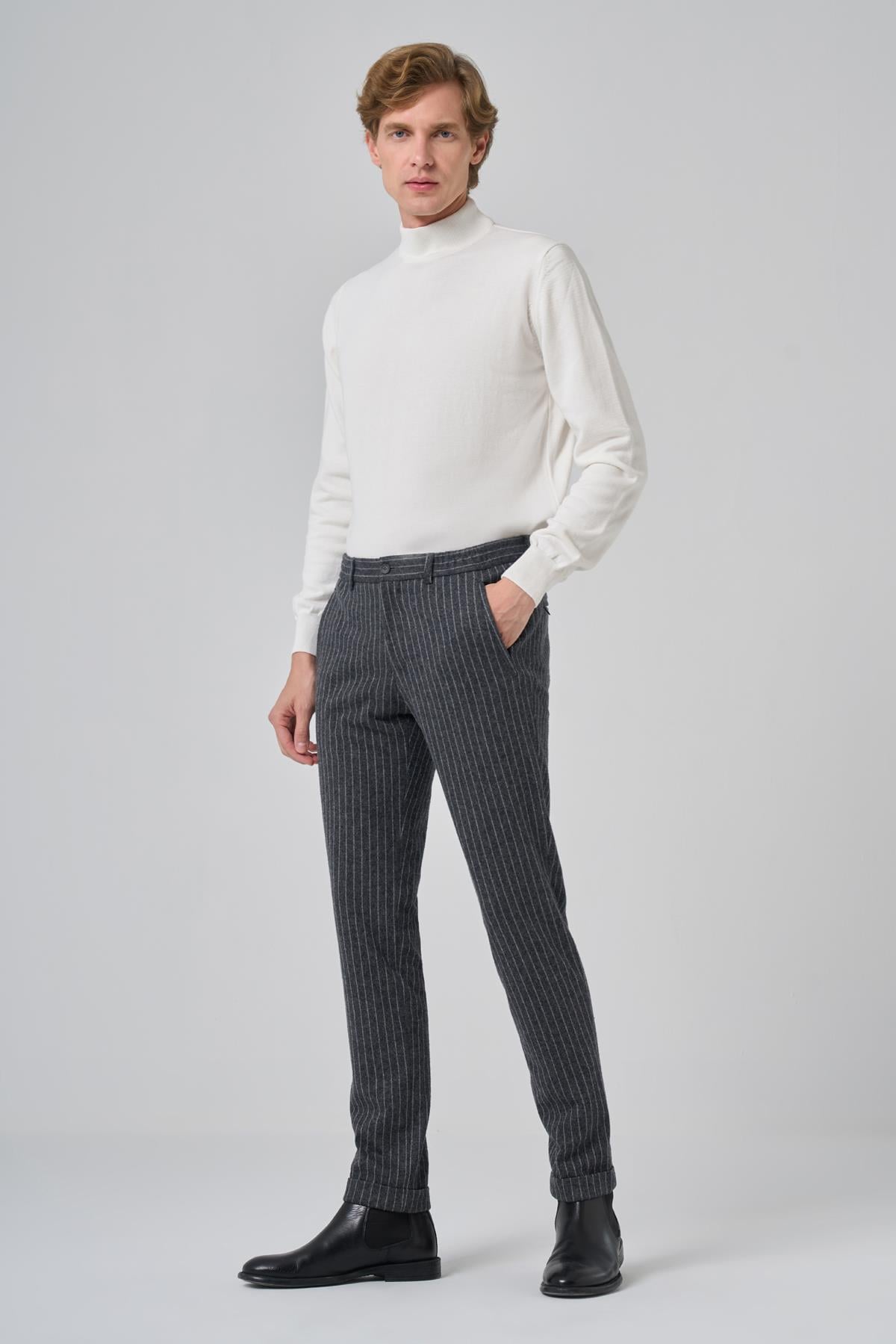 Morven Erkek Gri Trend Slim Fit Lastikli Fermuarlı Pantolon